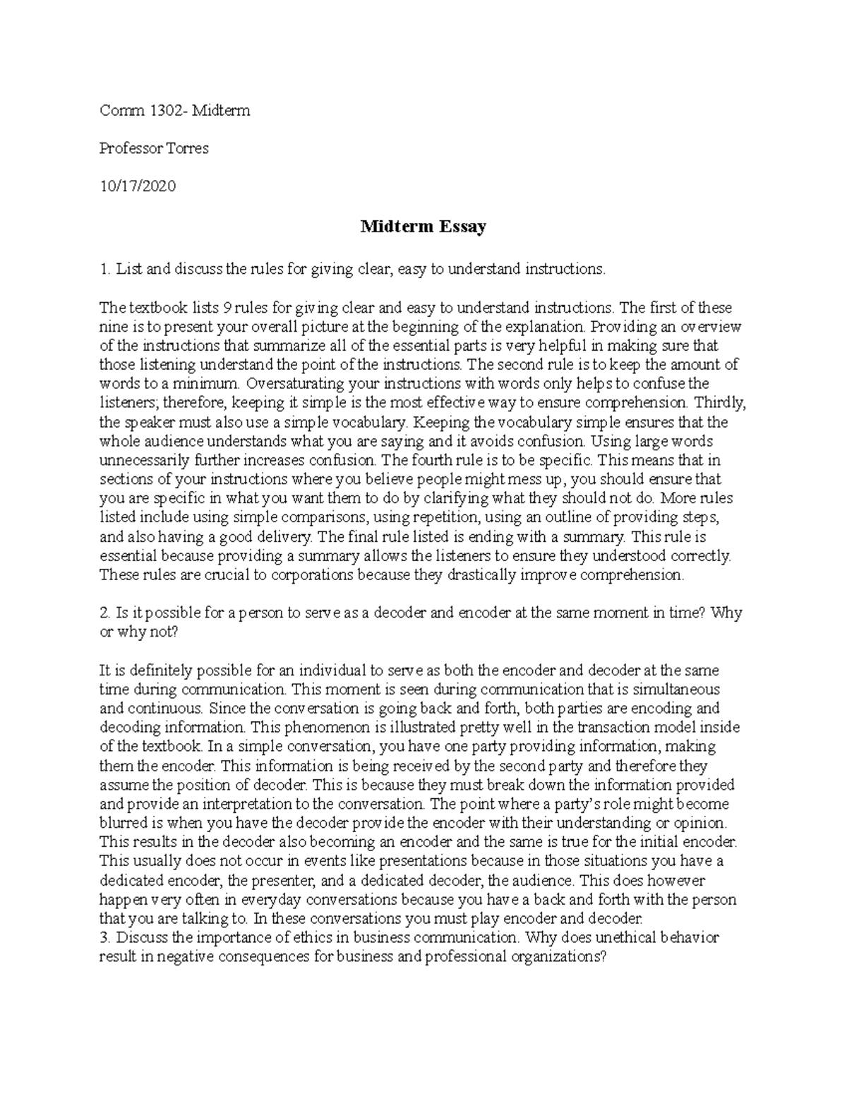 Midterm Essay - Grade: 100 - Comm 1302- Midterm Professor Torres 10/17 ...
