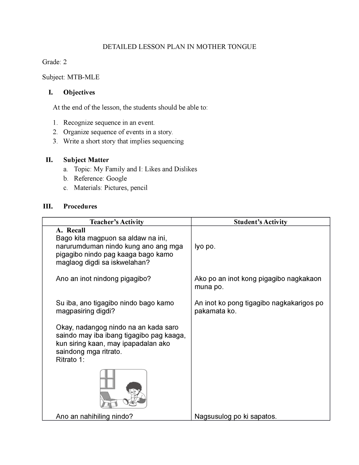 MTB Mother DETAILED LESSON PLAN IN MOTHER TONGUE Grade 2 Subject 