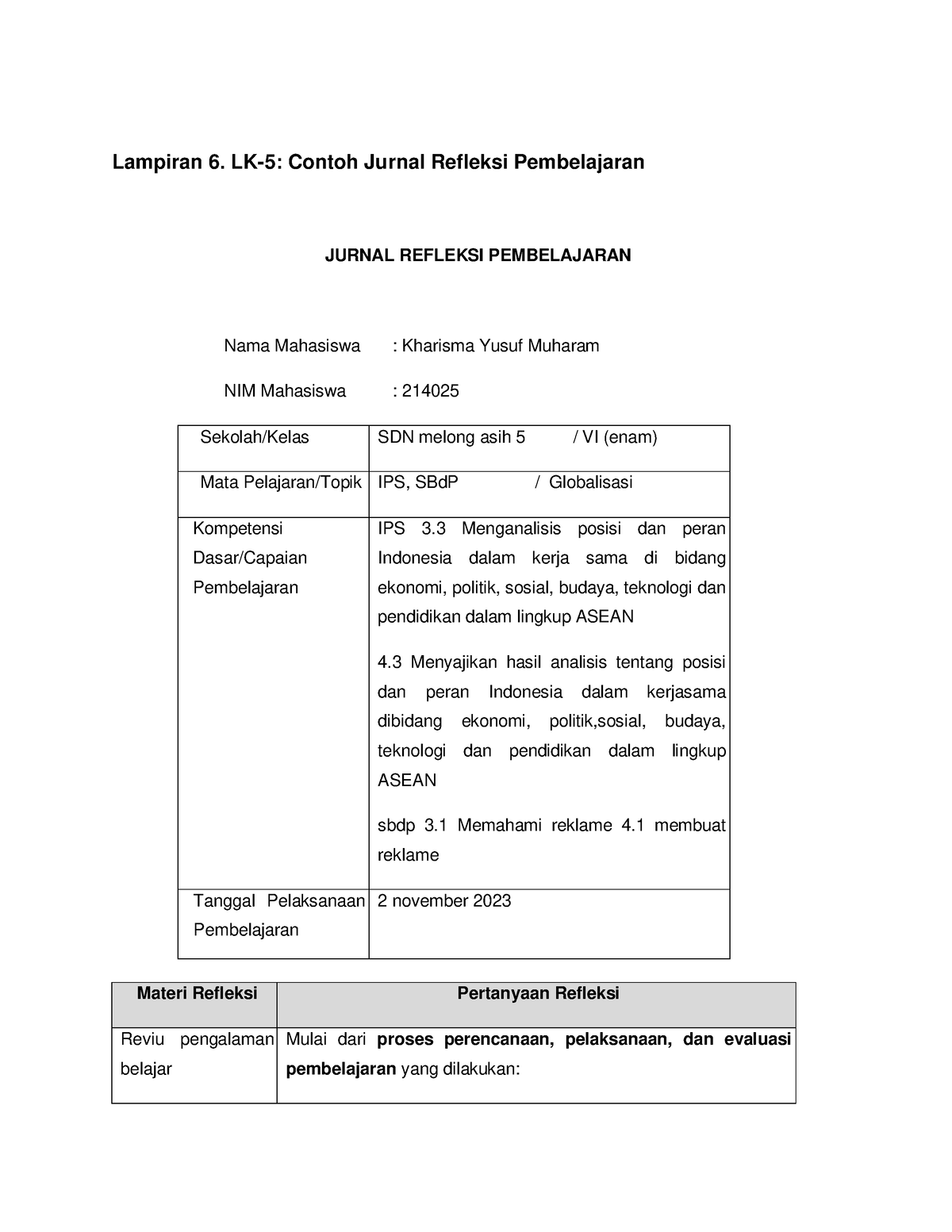 Lampiran 6. LK-5 Jurnal Refleksi Pembelajaran Siklus 1 - Lampiran 6. LK ...