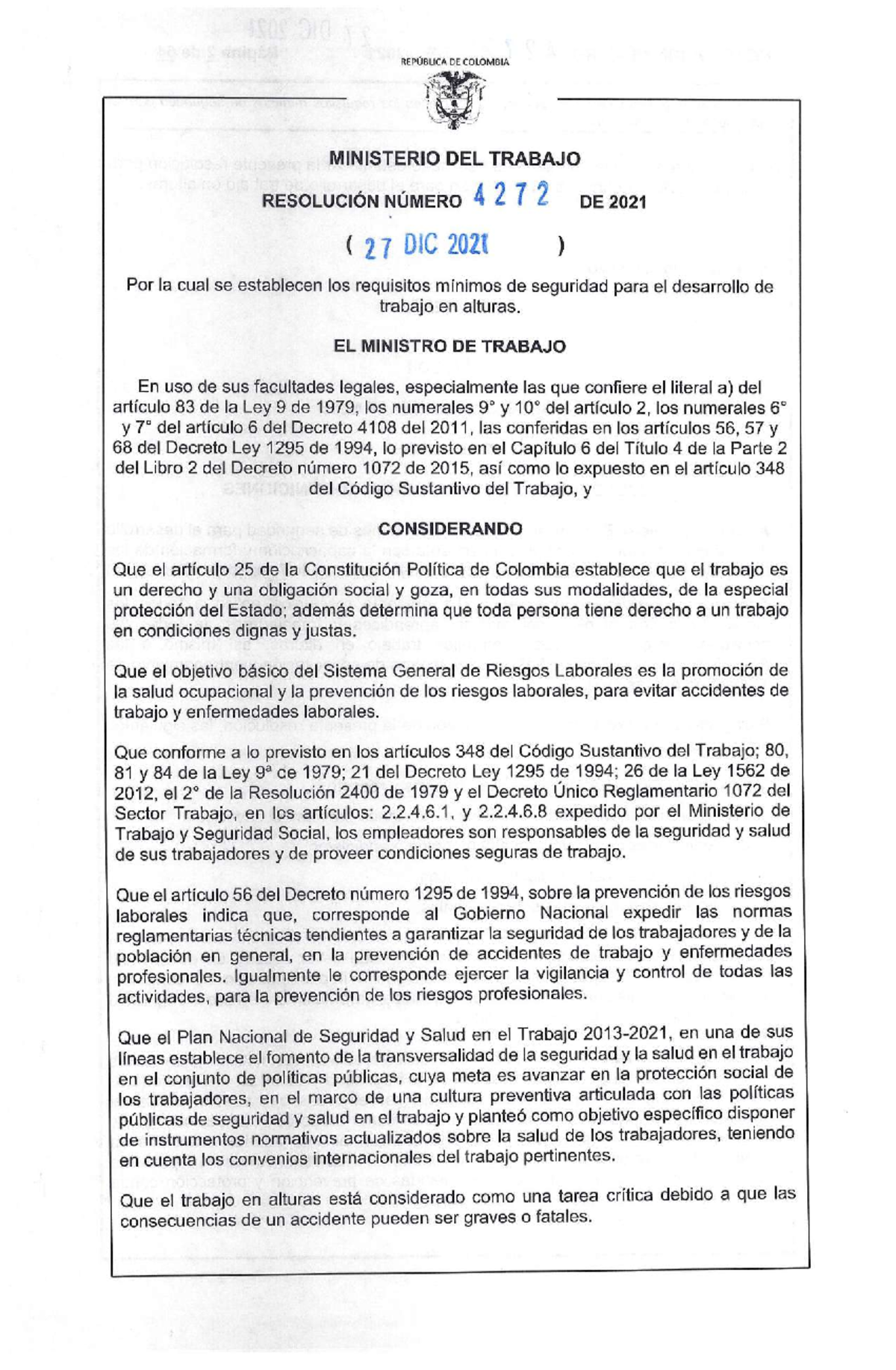 Resolucion 4272 De 2021 Reglamenta Alturas 1 - Higiene Y Seguridad ...