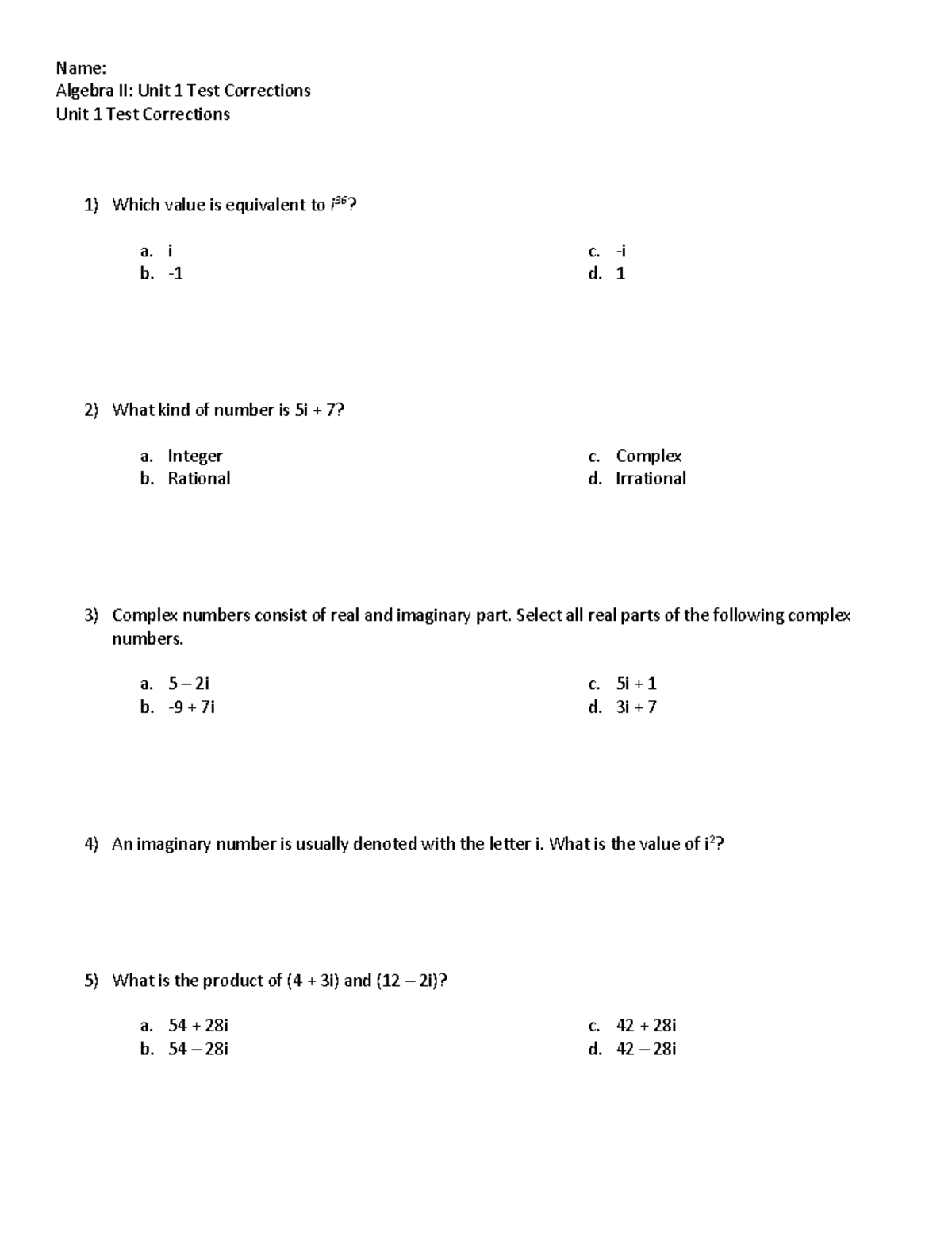 Algebra+II-+Unit+1+Test+Corrections - Name: Algebra II: Unit 1 Test ...