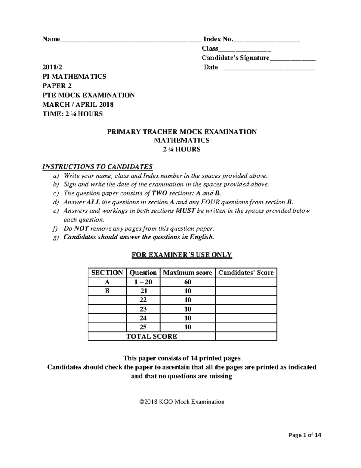 Mathematics PP2 EXAM 1 asfertge Name