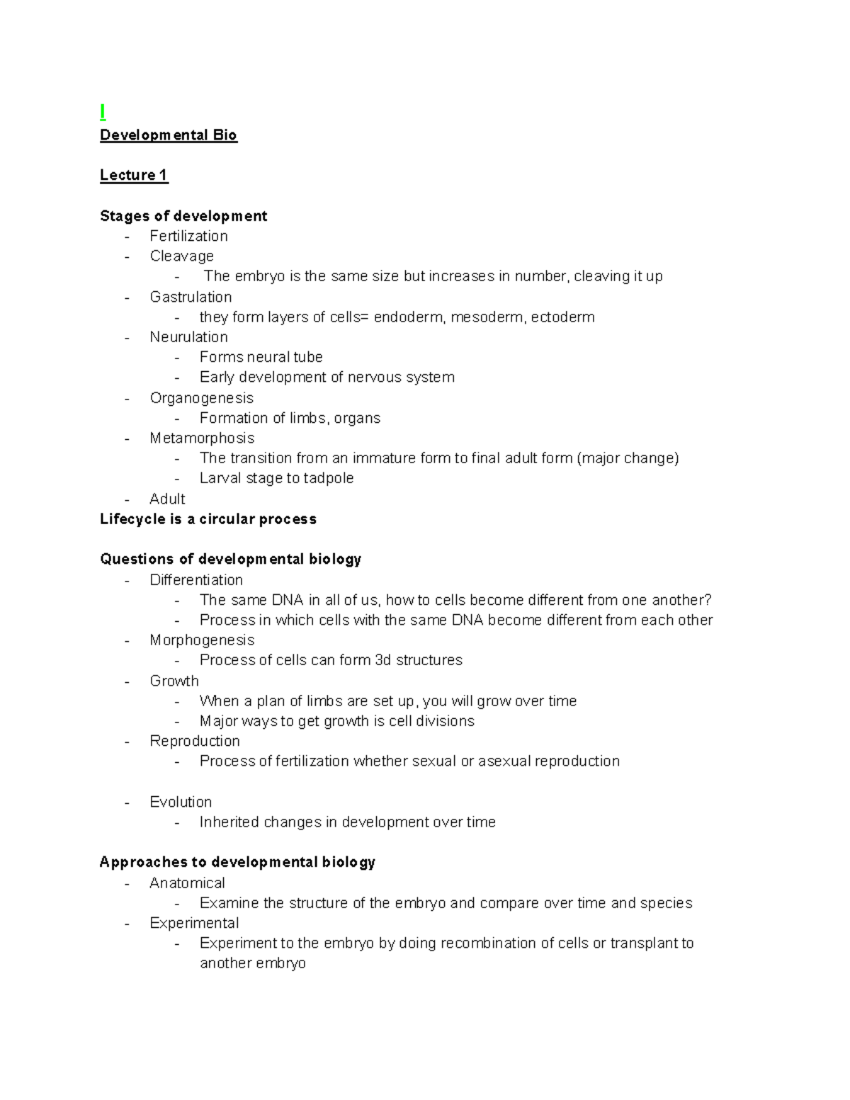 Developmental Bio Exam 1 notes - l Developmental Bio Lecture 1 Stages ...