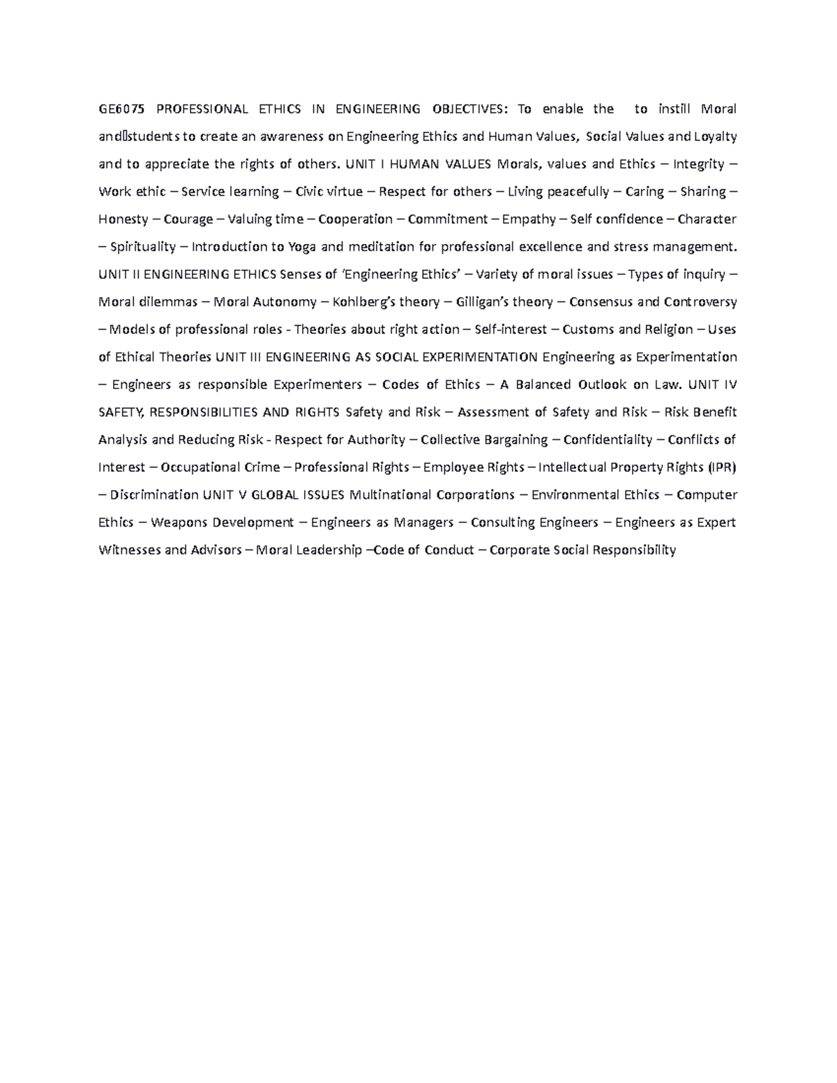 GE6075 Professional Ethics IN Engineering Objectives - GE6075 ...