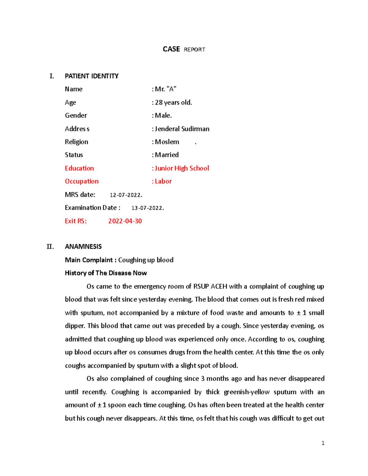 case study of a patient with pulmonary tuberculosis