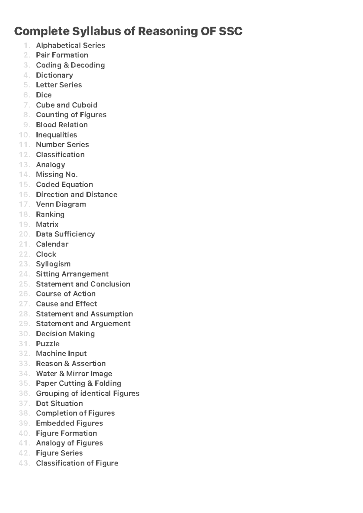 Complete Syllabus of Reasoning OF SSC - 1. 2. 3. 4. 5. 6. 7. 8. 9. 10 ...