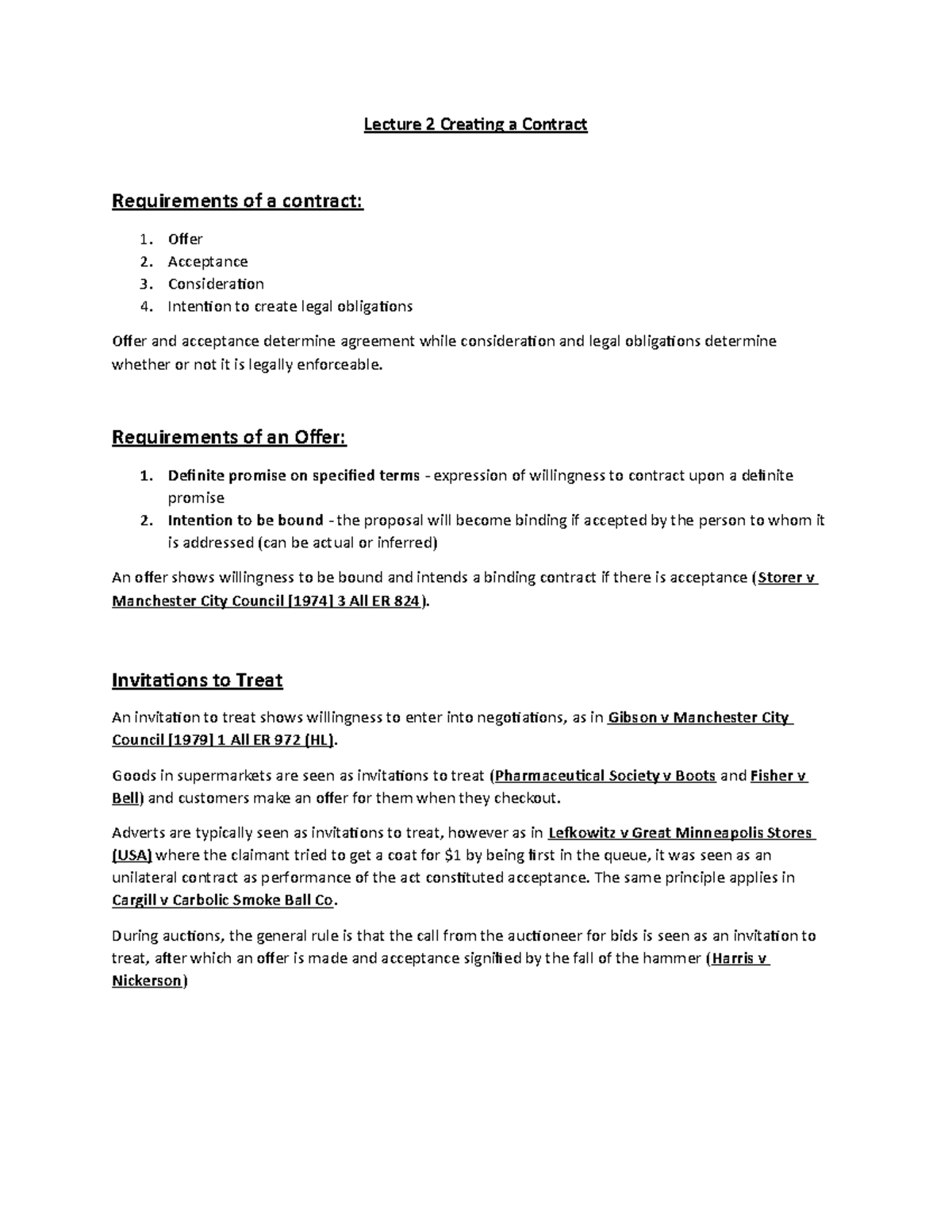 Lecture 2 Offer and Acceptance - Lecture 2 Creating a Contract ...