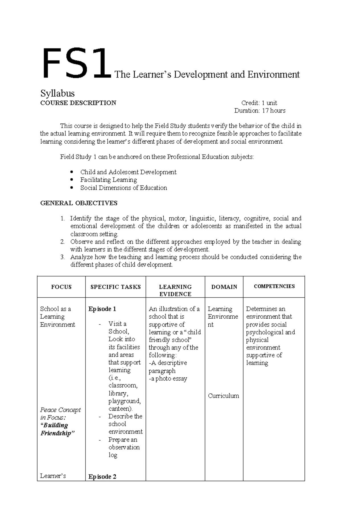 Field Study 1 - Answer Key - FS1The Learner’s Development and ...