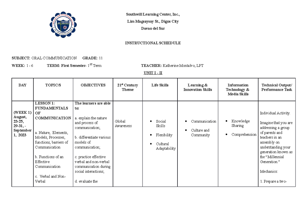 SAP ORAL-COMM - Oral Communication Lessons - Southwill Learning Center ...