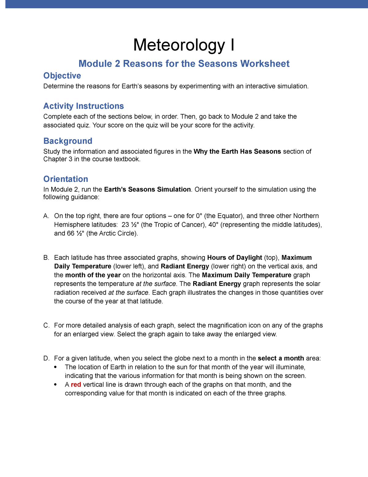 Module 22 Reasons for the Seasons Worksheet - Meteorology I Module Throughout Reasons For Seasons Worksheet
