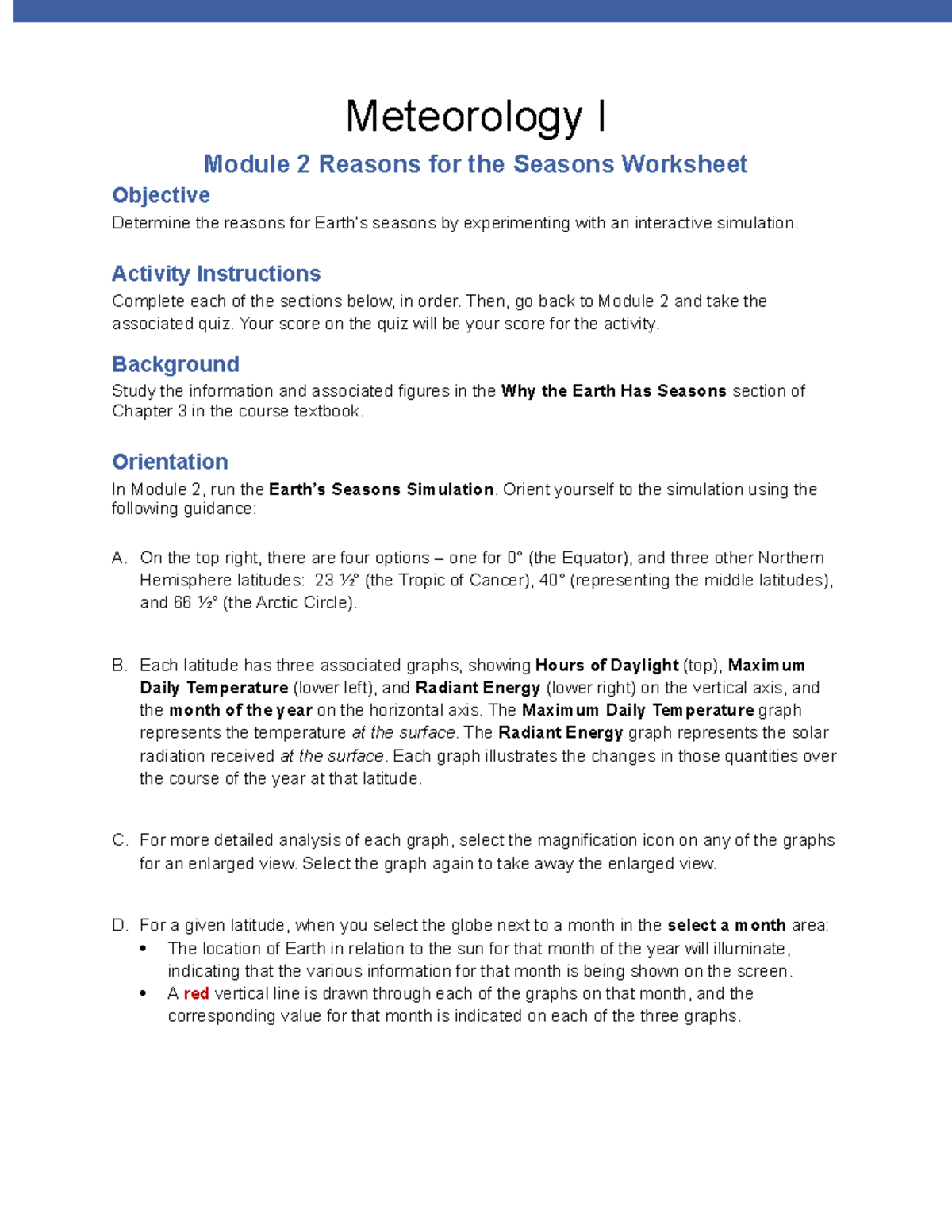 Module 22 Reasons for the Seasons Worksheet - Meteorology I Module Throughout Reasons For Seasons Worksheet