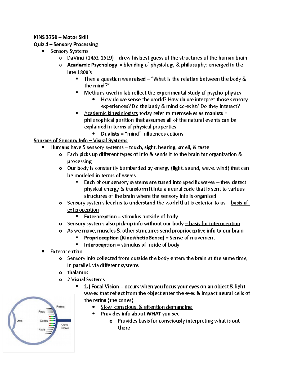 Motor Skill Behavior Quiz 4 Notes Sensory Processing KINS 3750