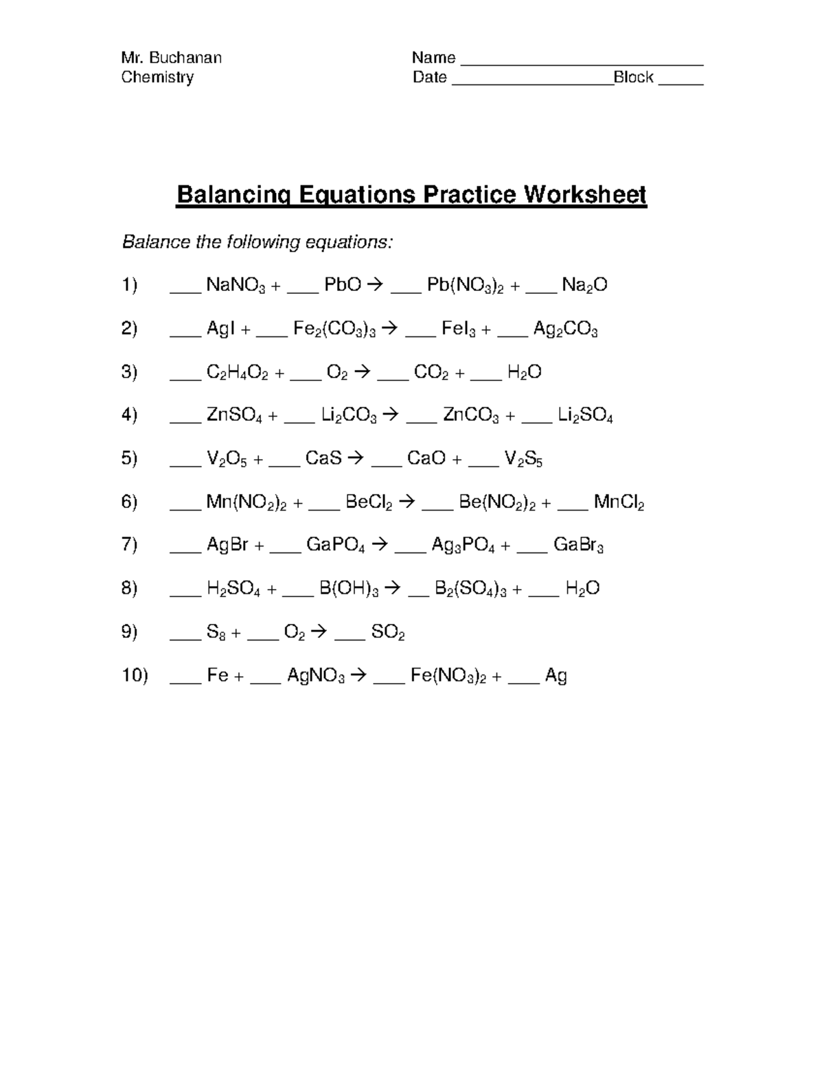 5- Balancing Equation and Key - Mr. BuchananChemistry Name ...