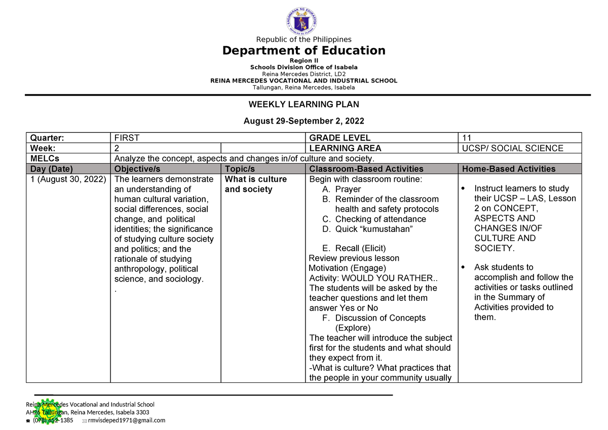 WLP Q1W2 UCSP - lesson plan - Department of Education Region II Schools ...