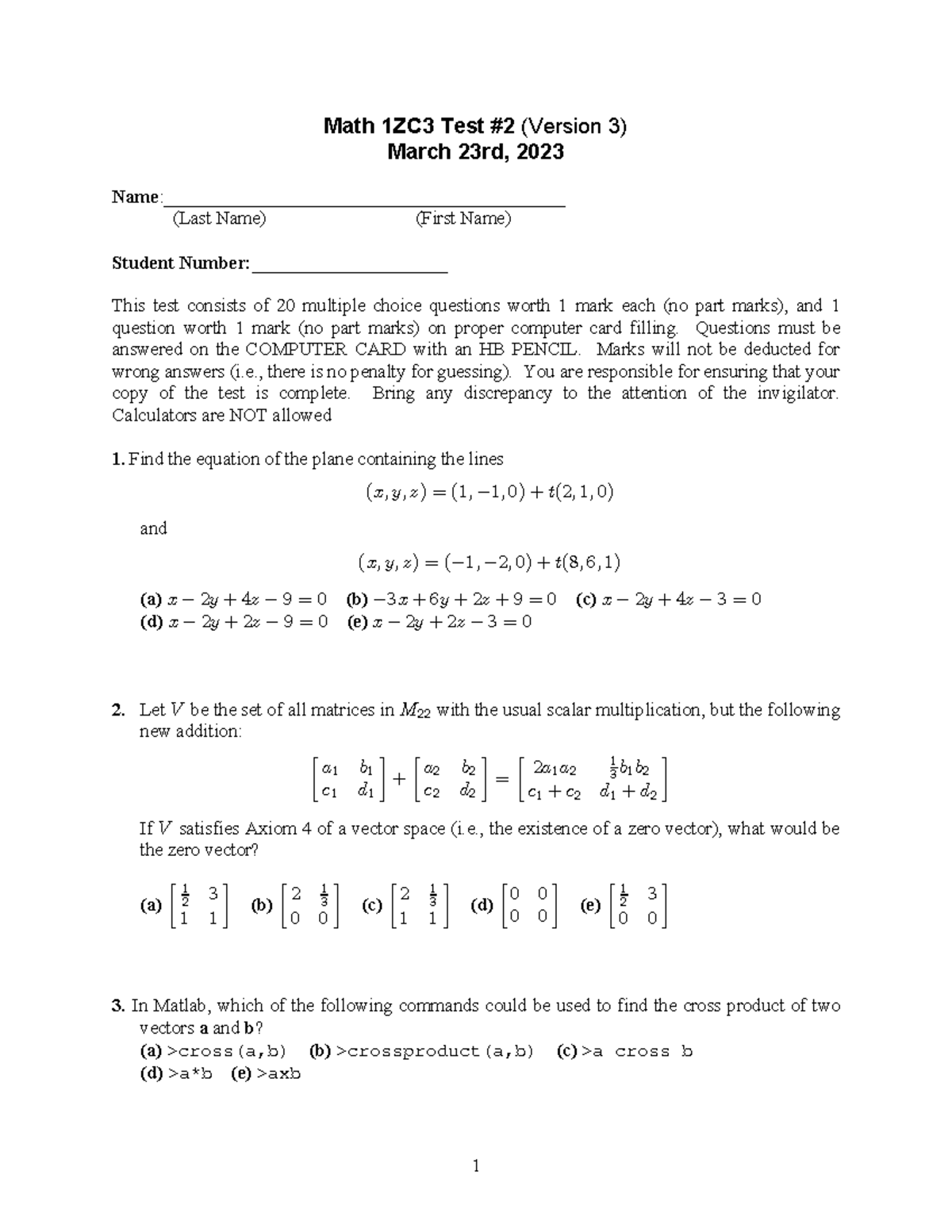 Linear Algebra Test 2 - Math 1ZC3 Test #2 (Version 3) March 23rd, 2023 ...