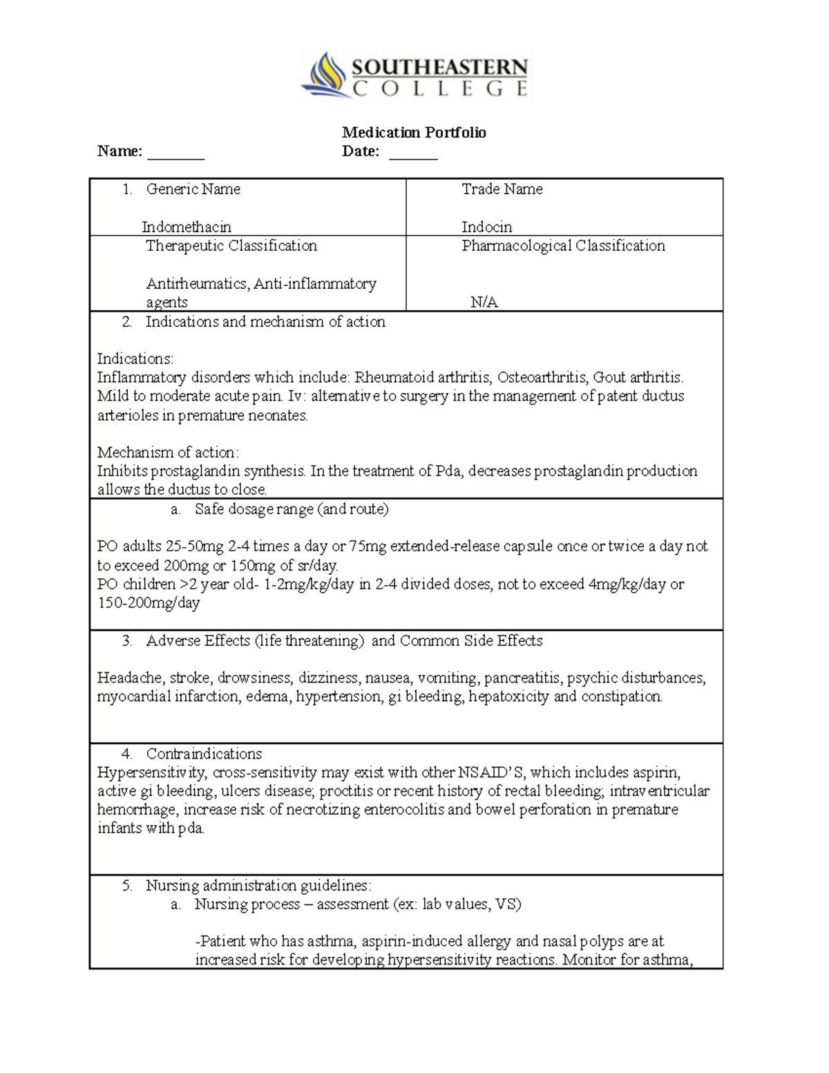 Indomethacin Medication Portfolio - NGR 5718 - FSU - Studocu