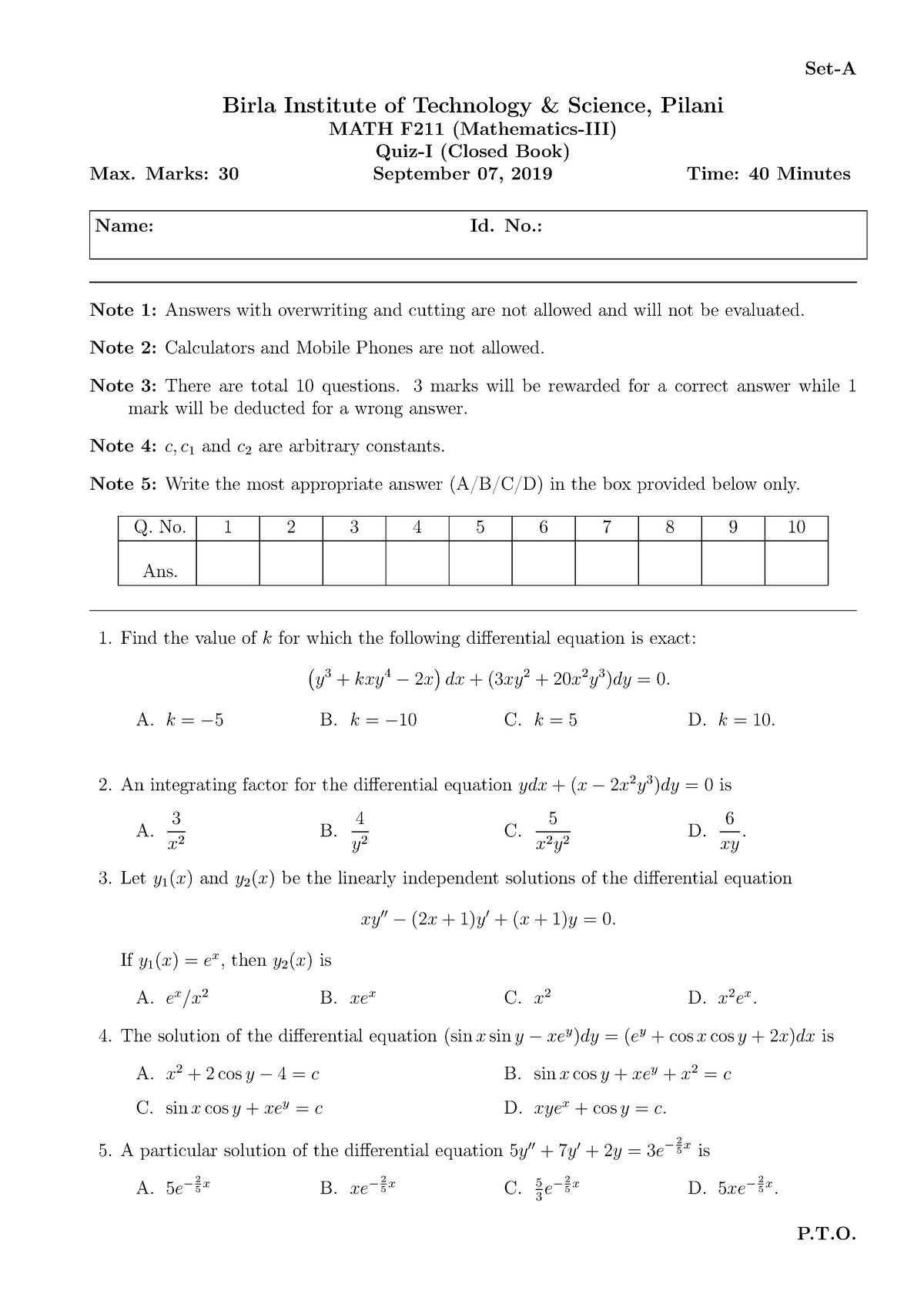 2019-20 Quiz 1 Paper - Set-A Birla Institute Of Technology & Science ...