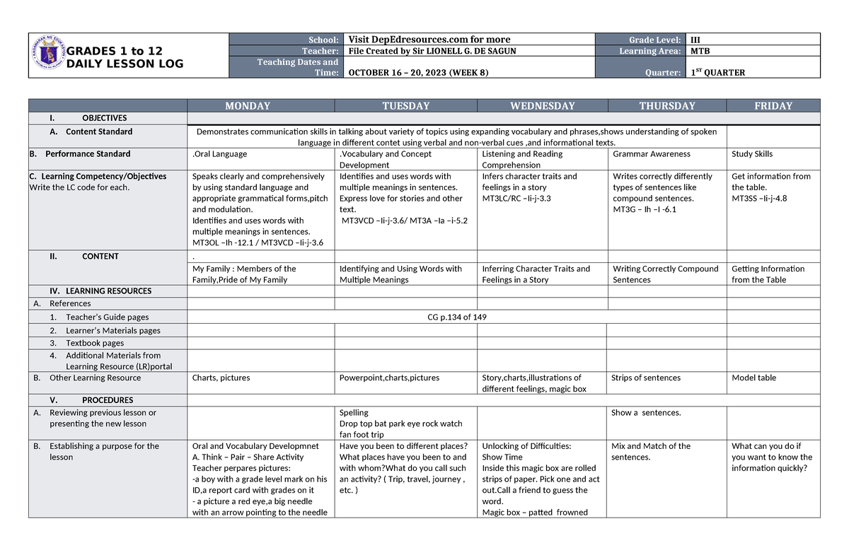 DLL MTB 3 Q1 W8 - N/A - GRADES 1 to 12 DAILY LESSON LOG School: Visit ...