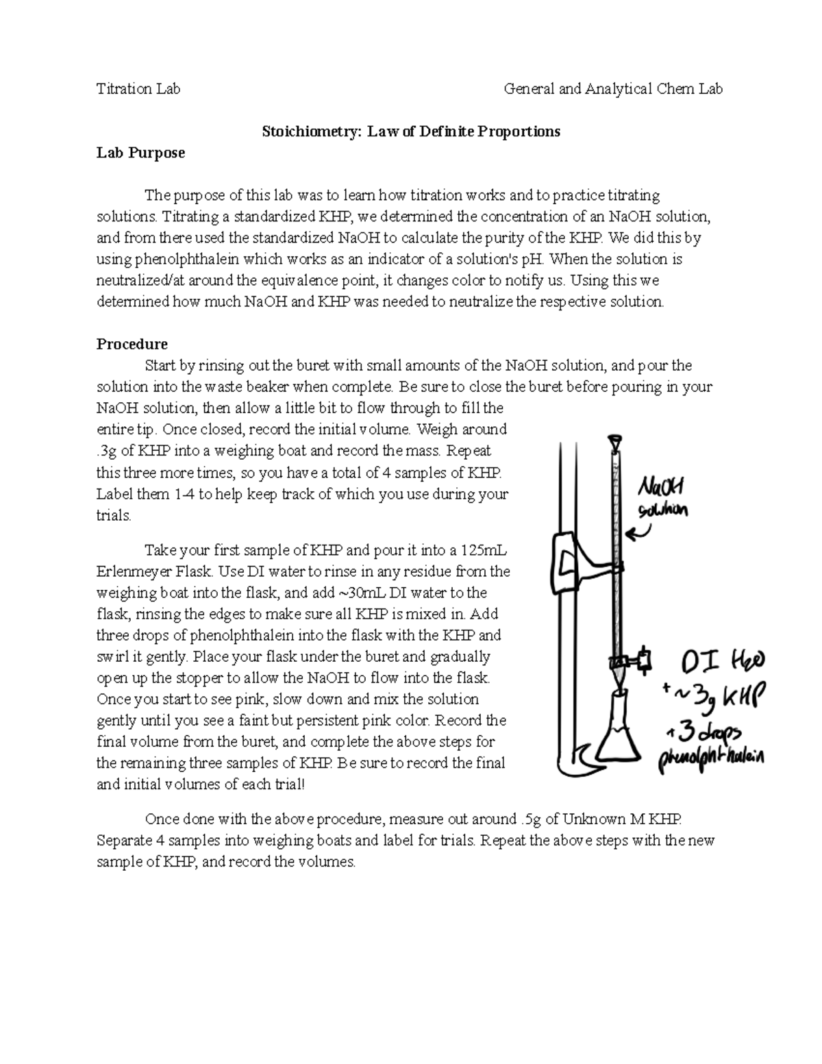 Titration Post Lab - Titration Lab General and Analytical Chem Lab ...
