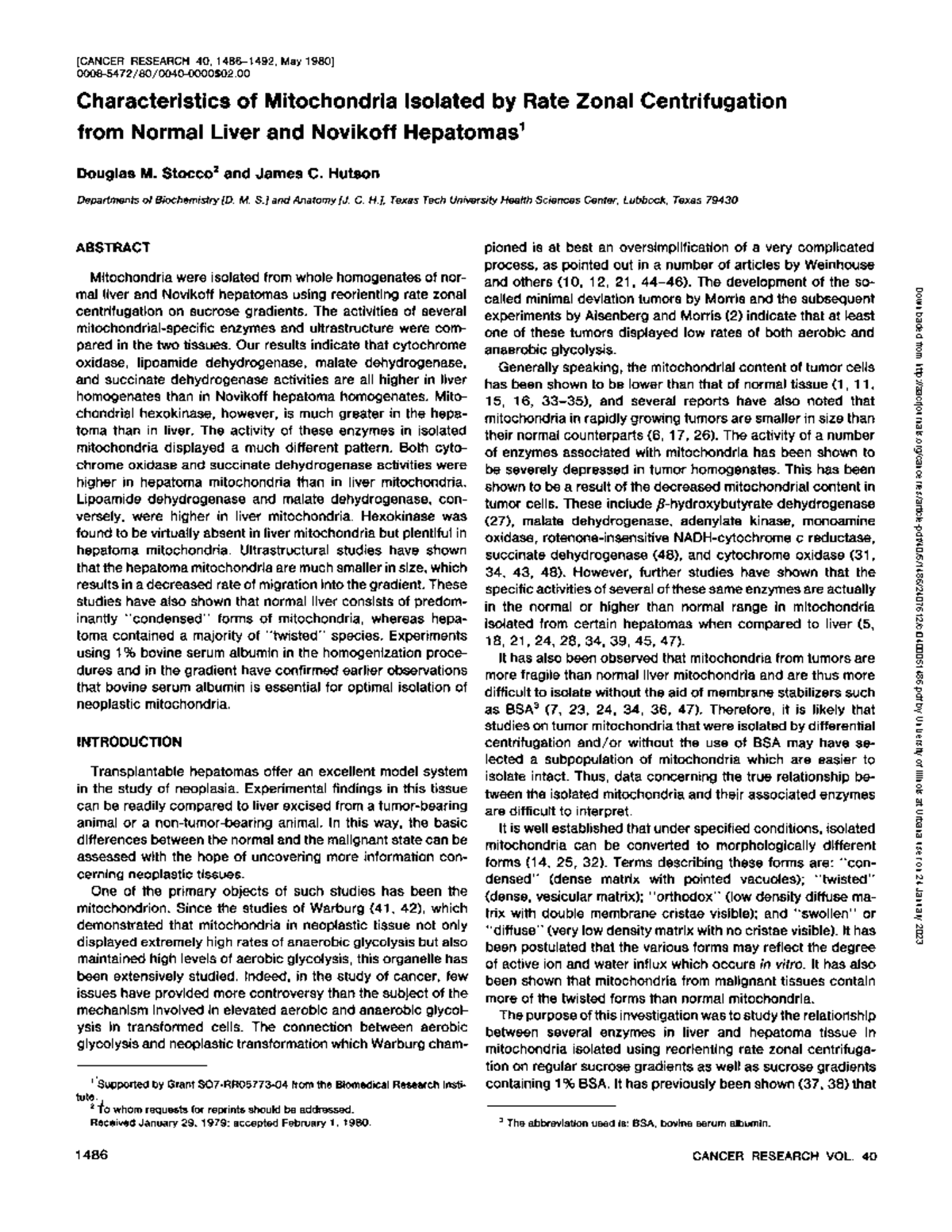 Rate Zonal Chromatography Article [CANCER RESEARCH 40, 14861492. May