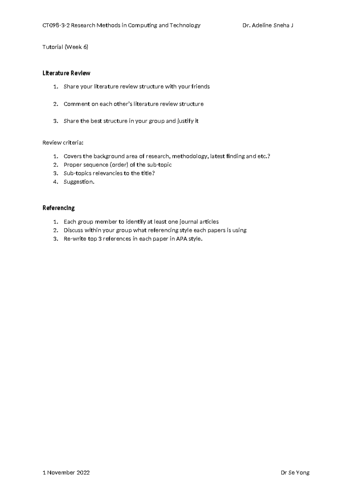 Tutorial Wk 6 Literature Review Structure and Referencing - CT098-3-2 ...