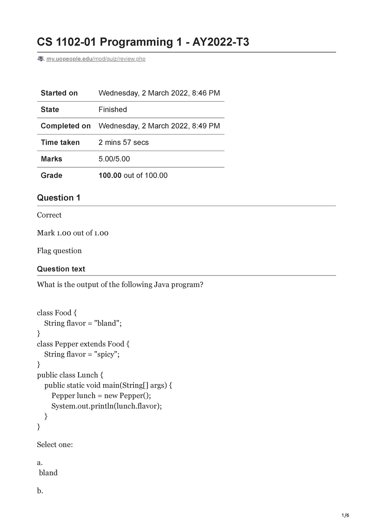 CS 1102-01 Programming 1. Self Quiz Unit 5. - CS 1102-01 Programming 1 ...