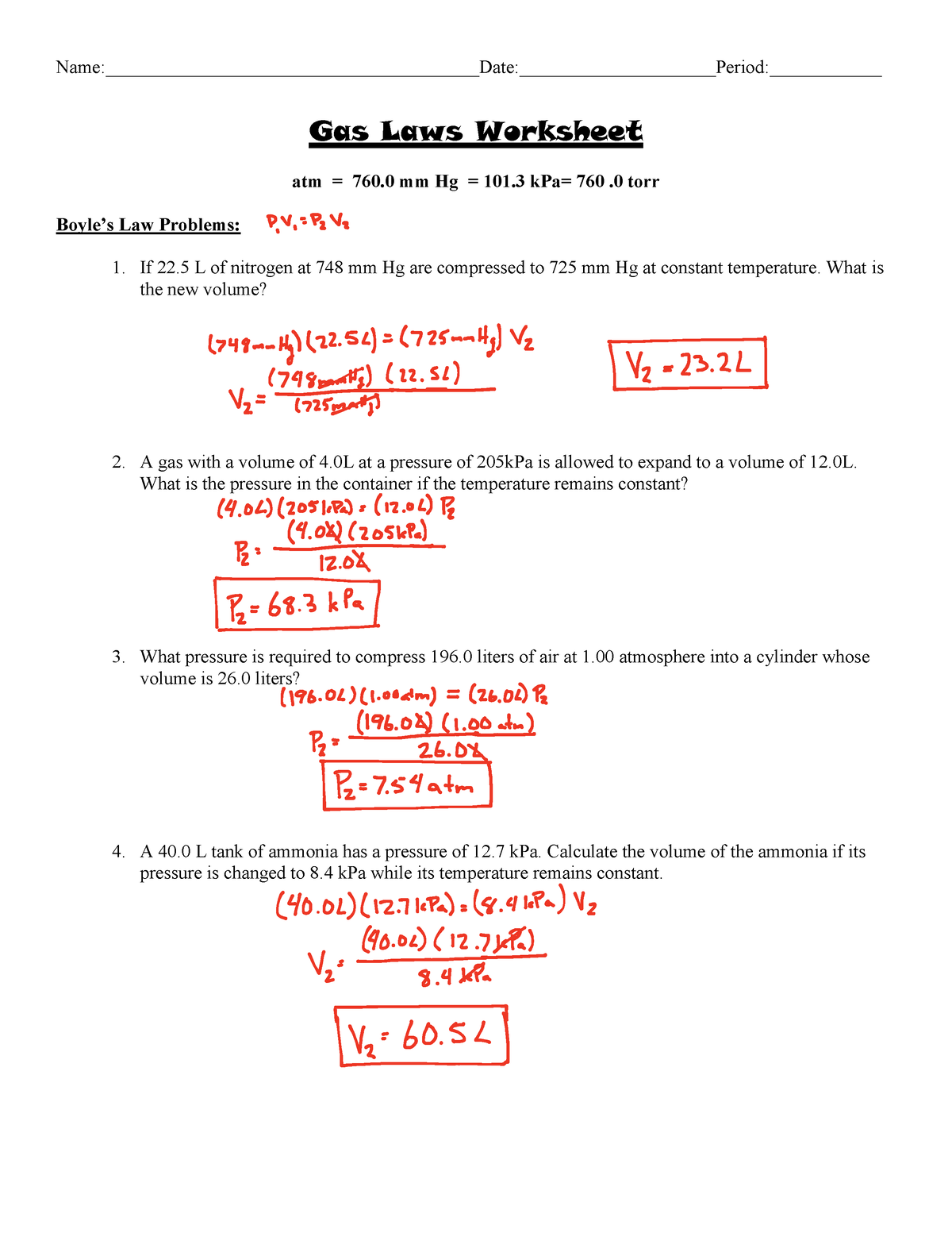 Gas Laws Worksheet Answers