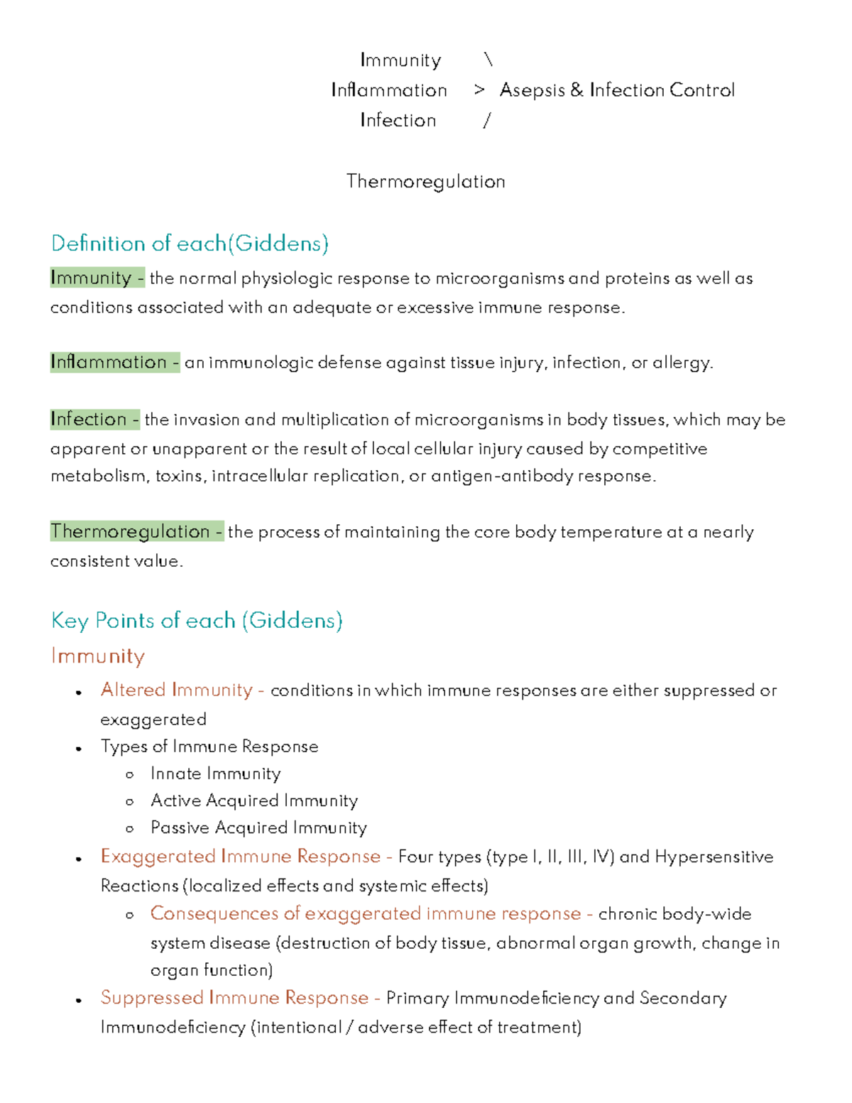 Asepsis and Infection Control Outline - Immunity \ Inflammation ...