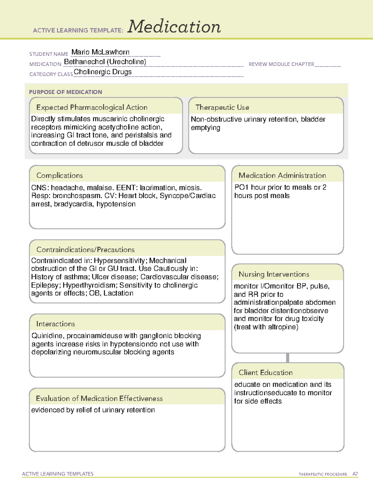 Medication Card- Bethanechol - ACTIVE LEARNING TEMPLATES TherapeuTic ...