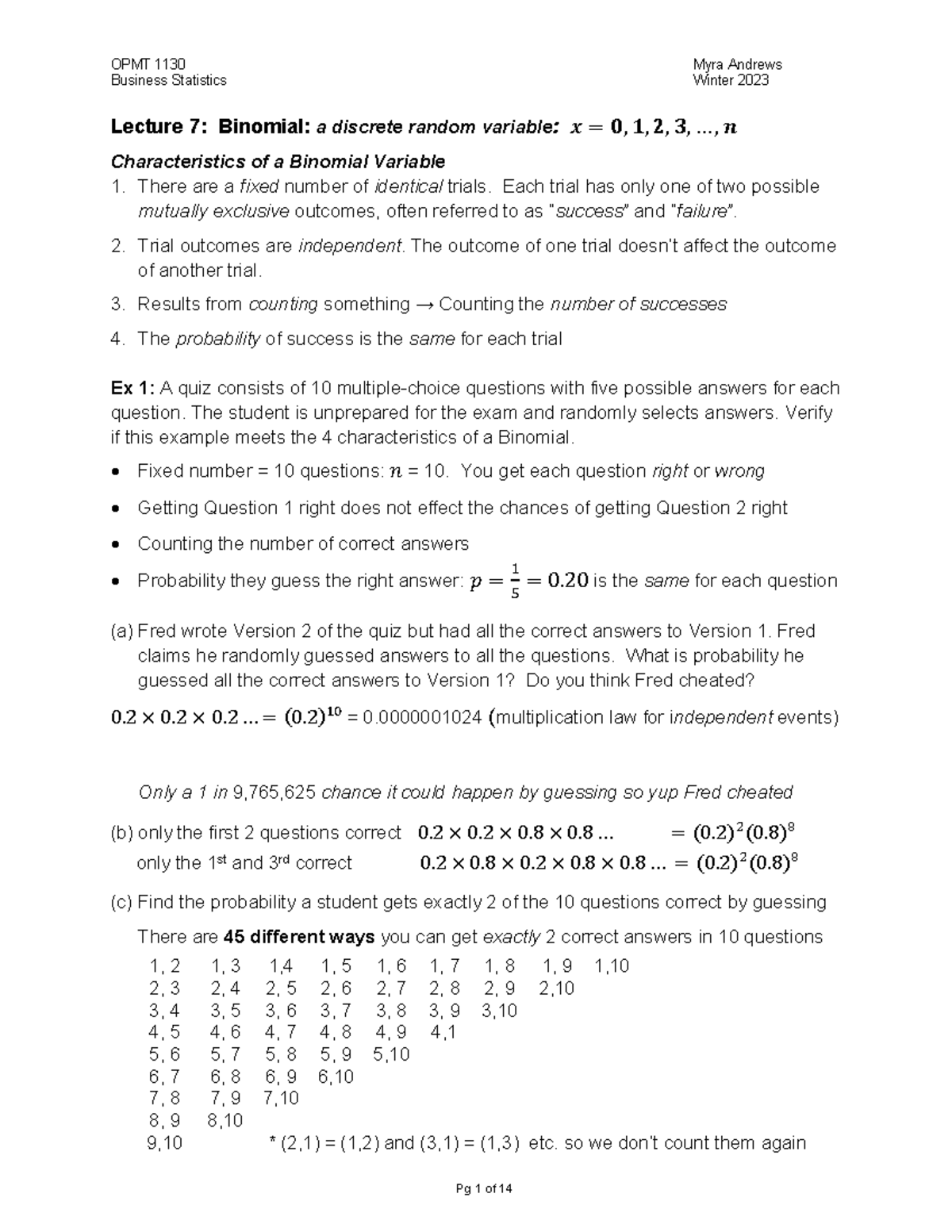 Lecture 7 Notes - Business Statistics Winter 2023 Lecture 7: Binomial ...