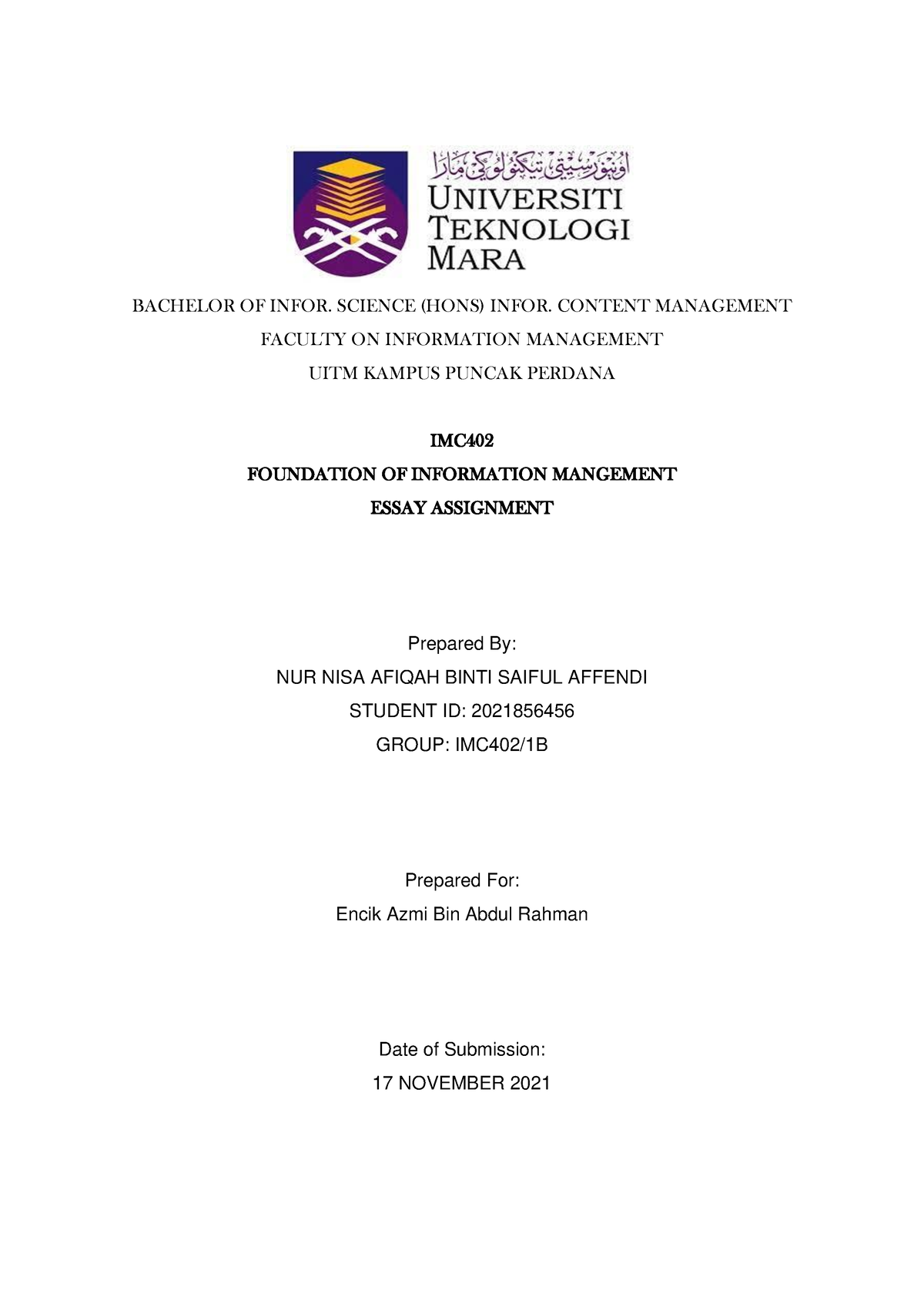 Data Management - BACHELOR OF INFOR. SCIENCE (HONS) INFOR. CONTENT ...