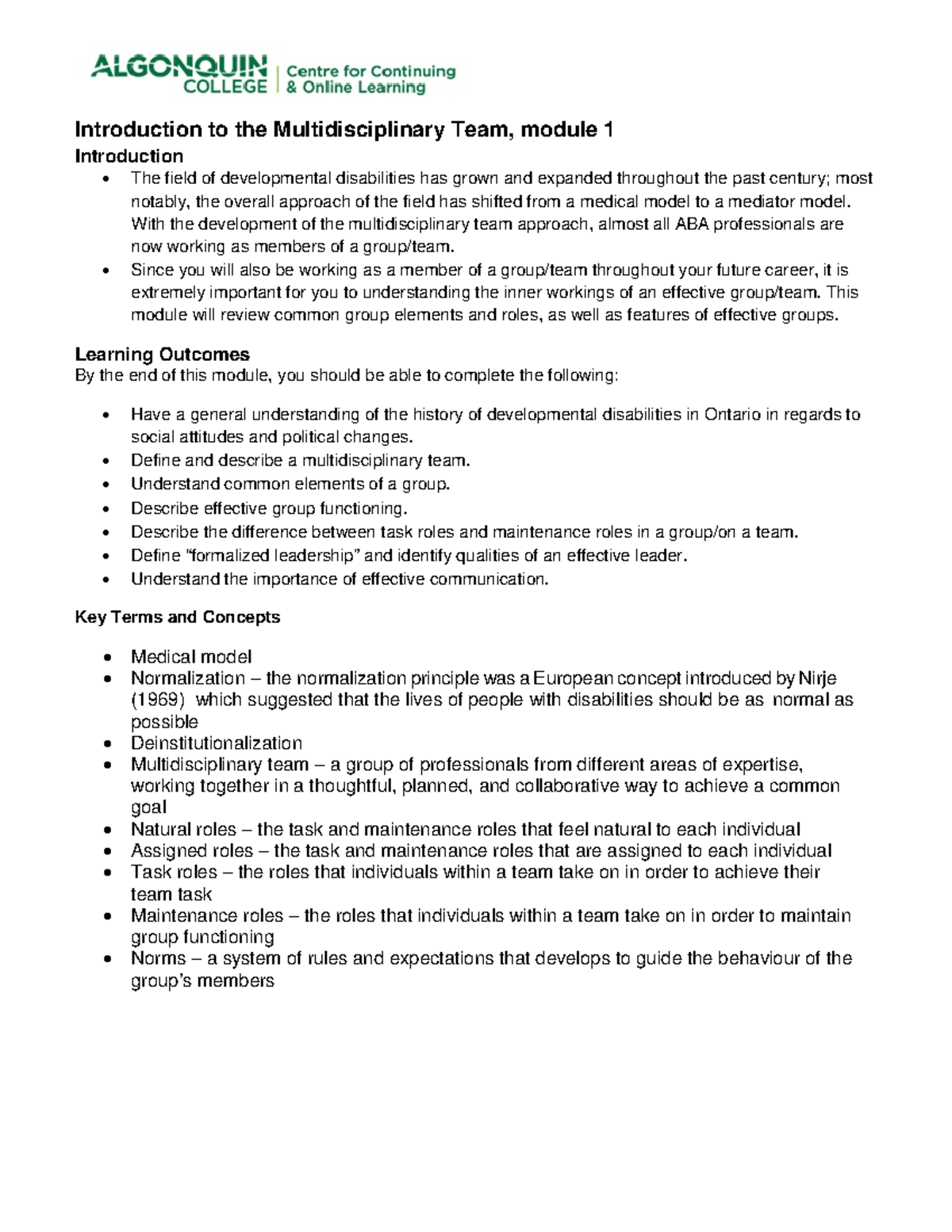 WFT module 1 ECE Introduction to the Multidisciplinary Team, module