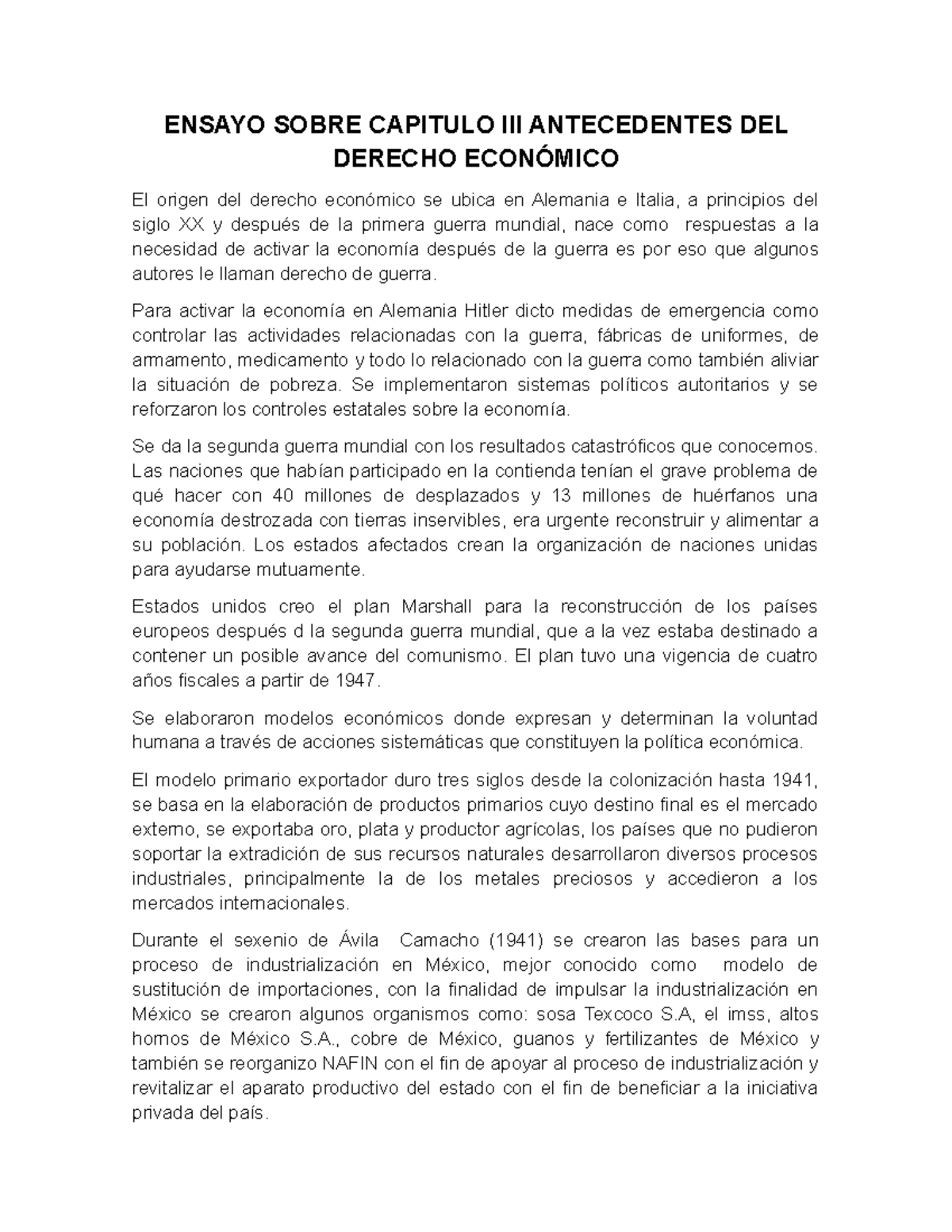 Ensayo Sobre Capitulo lll Antecedentes DEL Derecho Económico - ENSAYO SOBRE  CAPITULO lll - Studocu