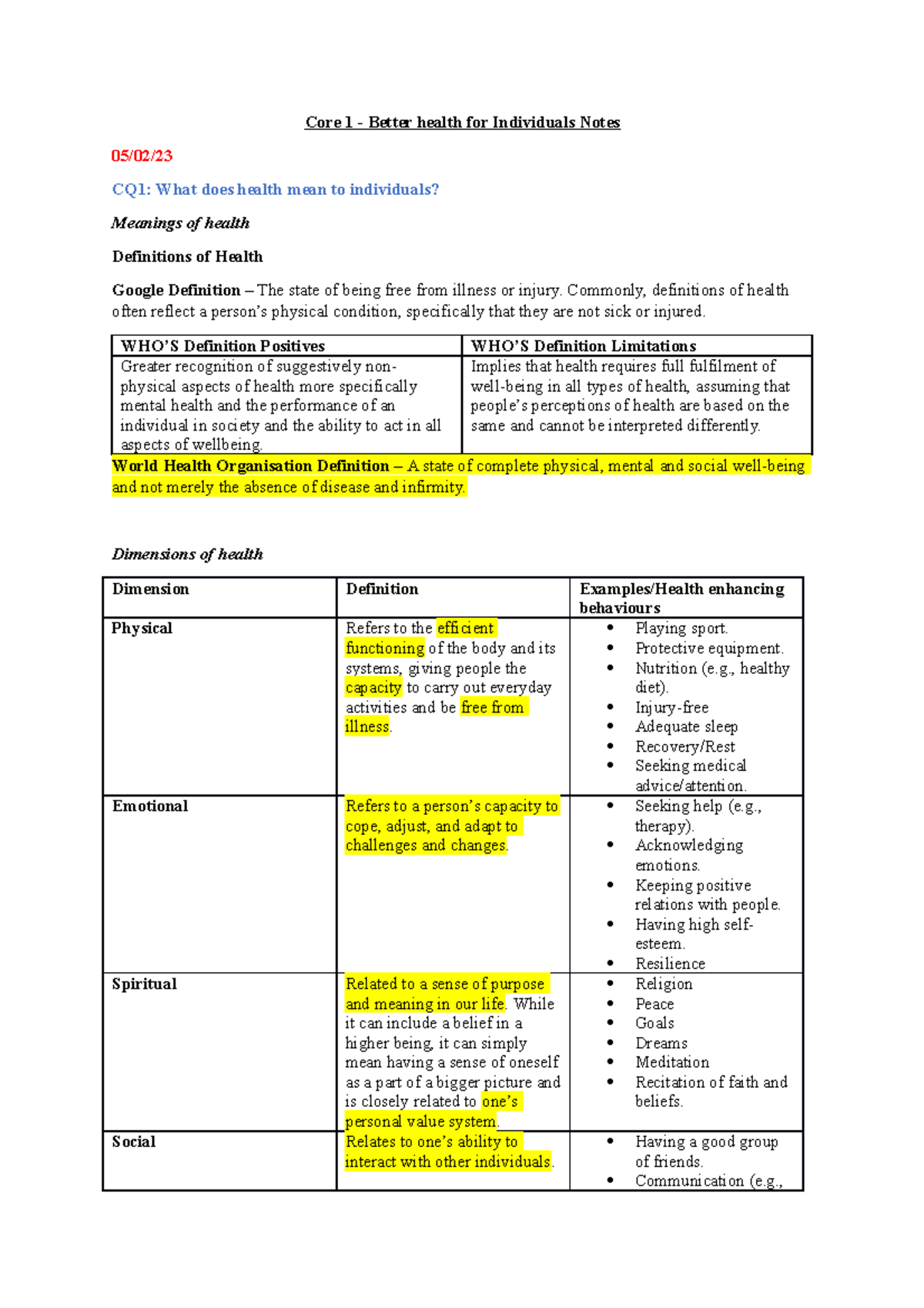 Core 1 - Better health for Individuals Notes - Commonly, definitions of ...