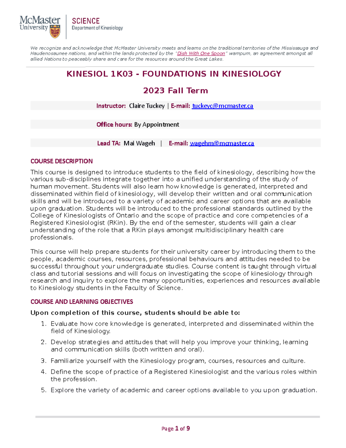 Kinesiol 1K03 Foundations Of Kinesiology - Fall 2023 (1) - We Recognize ...