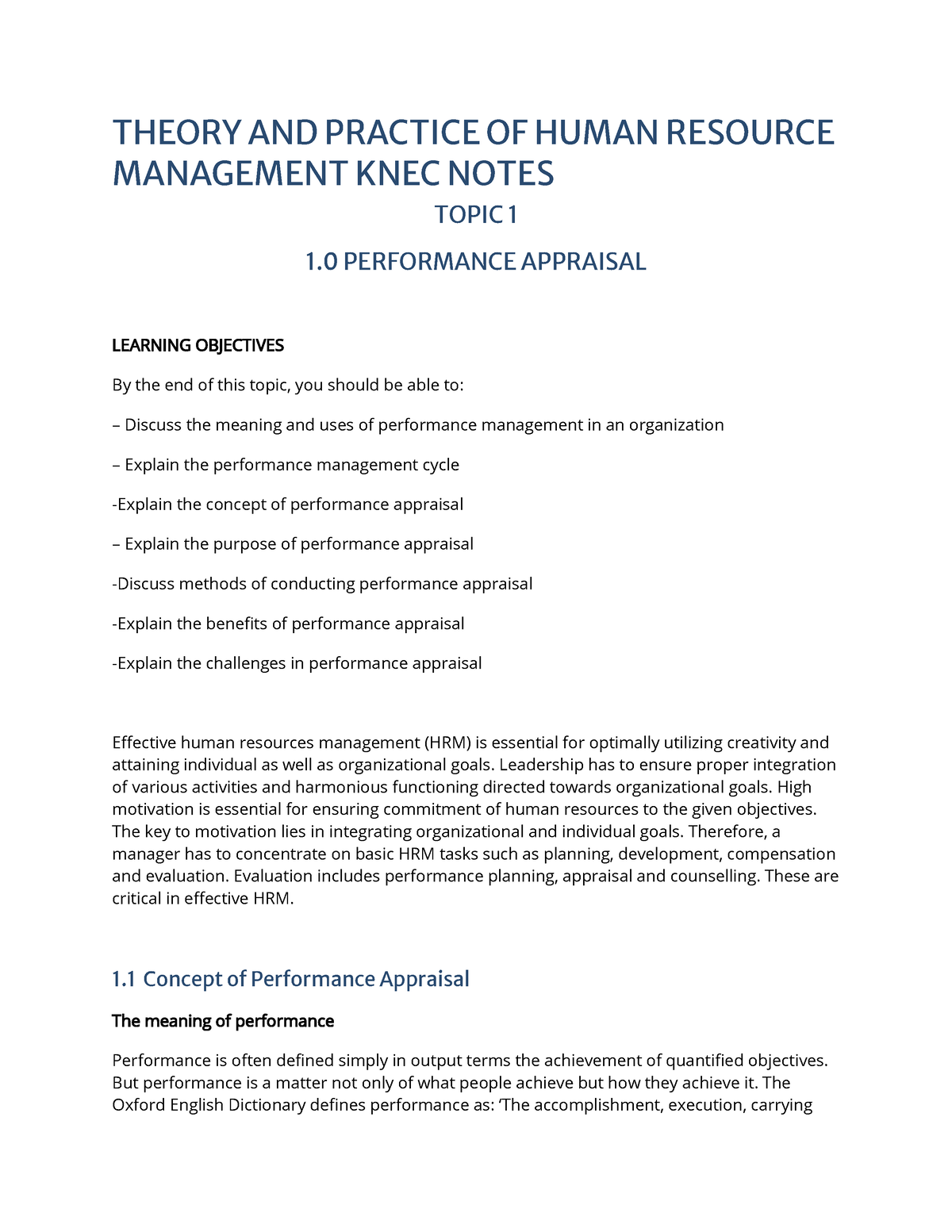 Theory AND Practice OF Human Resource Management KNEC Notes THEORY