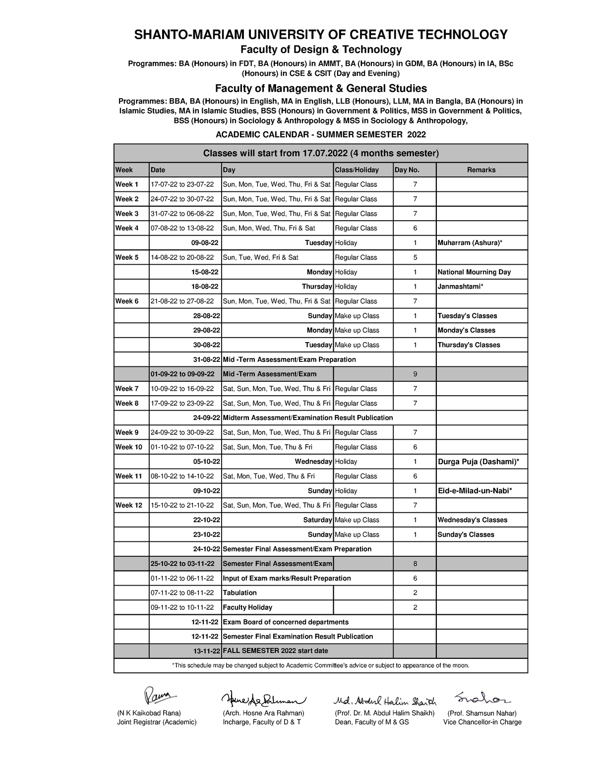 Academic Calendar Summer 2022 FDT MGS Tri final 01 Week Date Day