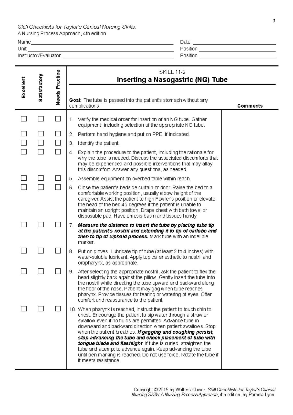 Skill 112 Inserting an NGT 1 Skill Checklists for Taylor's Clinical