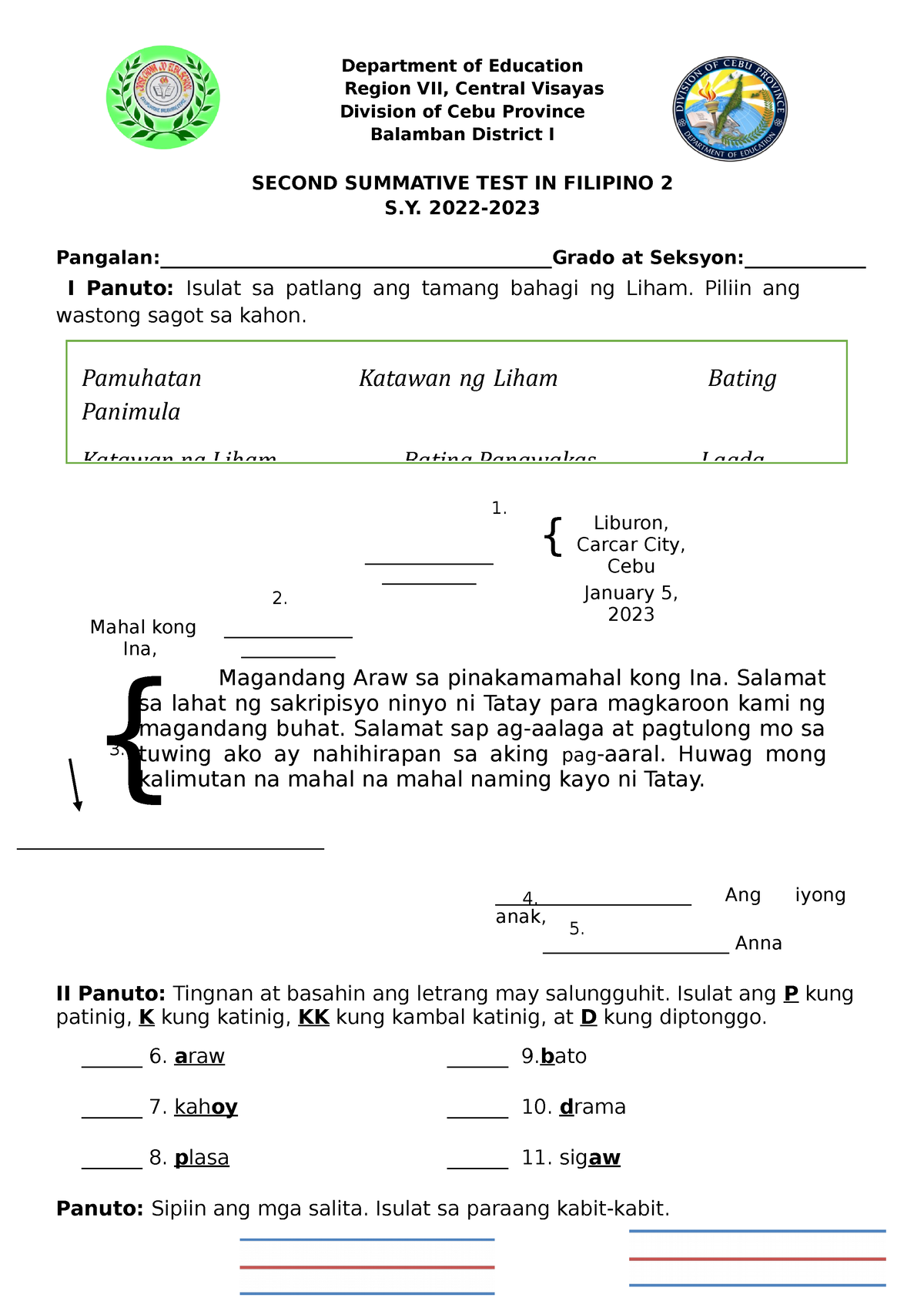 2ND Quarter TEST Filipino 2 - ####### Department Of Education ...