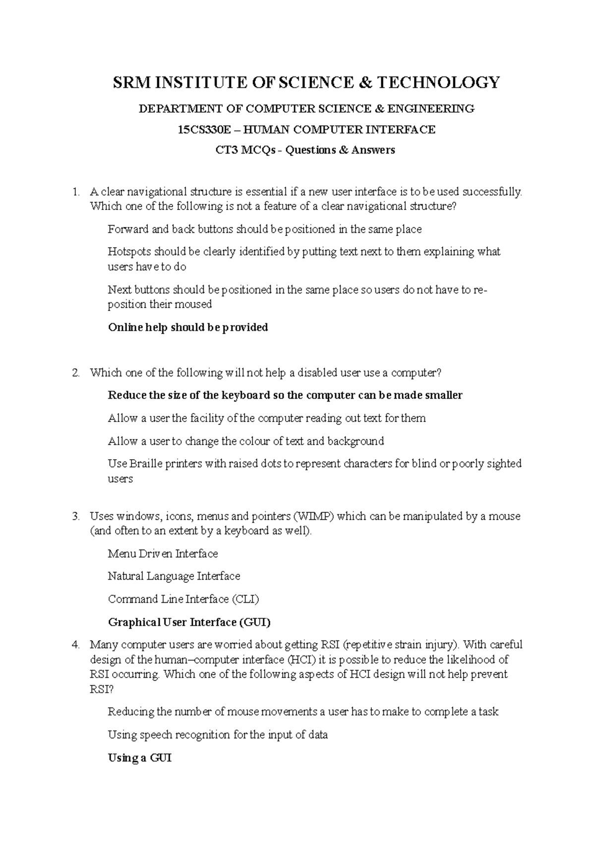 HCI CT3 - MCQ Answer KEY - SRM INSTITUTE OF SCIENCE & TECHNOLOGY ...