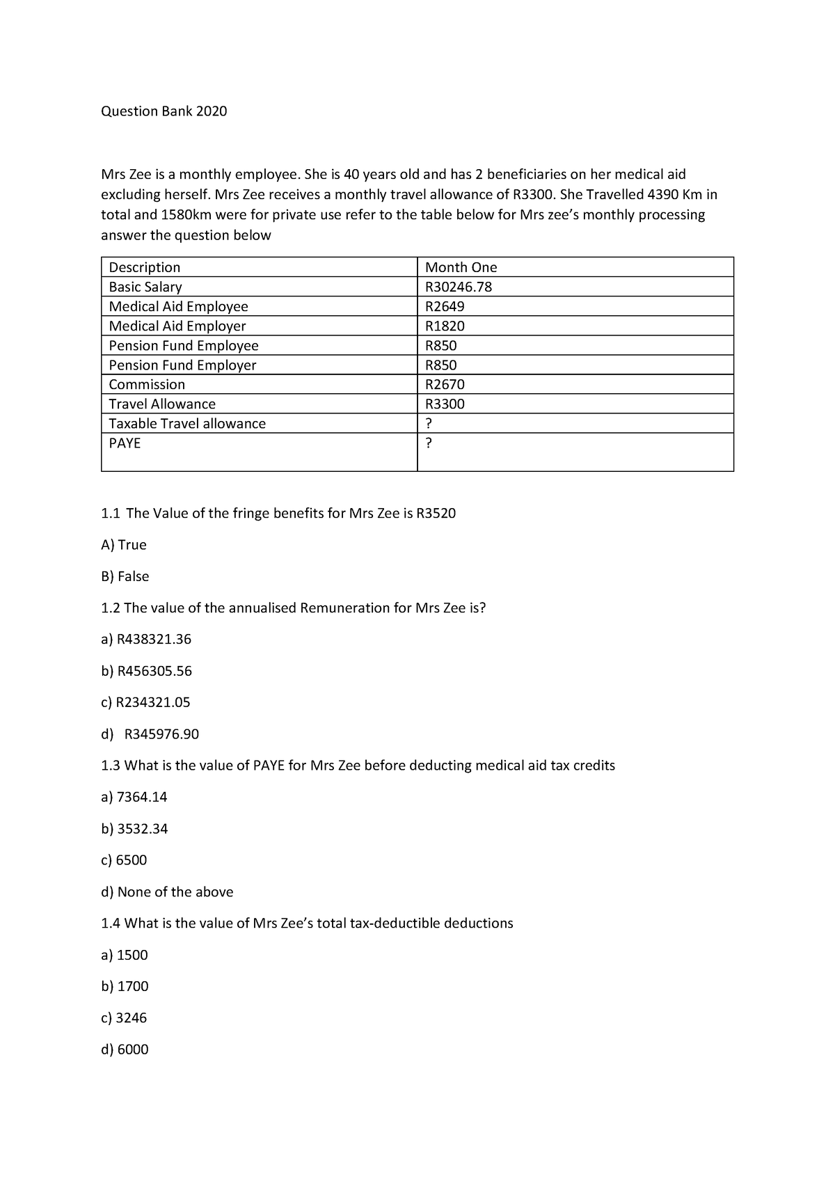 Payroll Questions Bank 2020 1 Question Bank 2020 Mrs Zee Is A Monthly