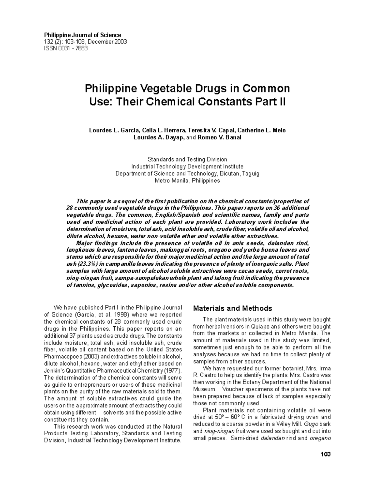 Vegetable Drugs Pharmacognosy Philippine Journal of Science 132 (2