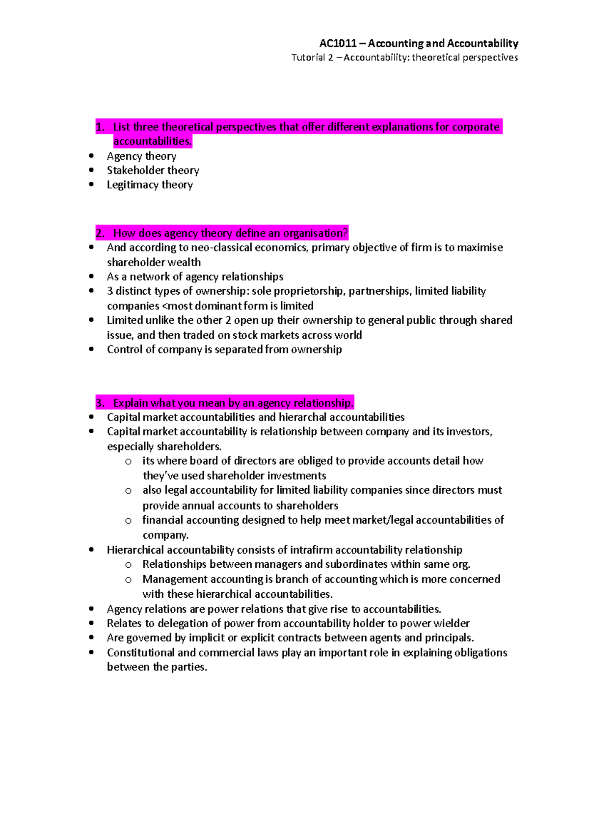 Tut 2 - Accountability, theoretical perspectives - AC1011 – Accounting ...