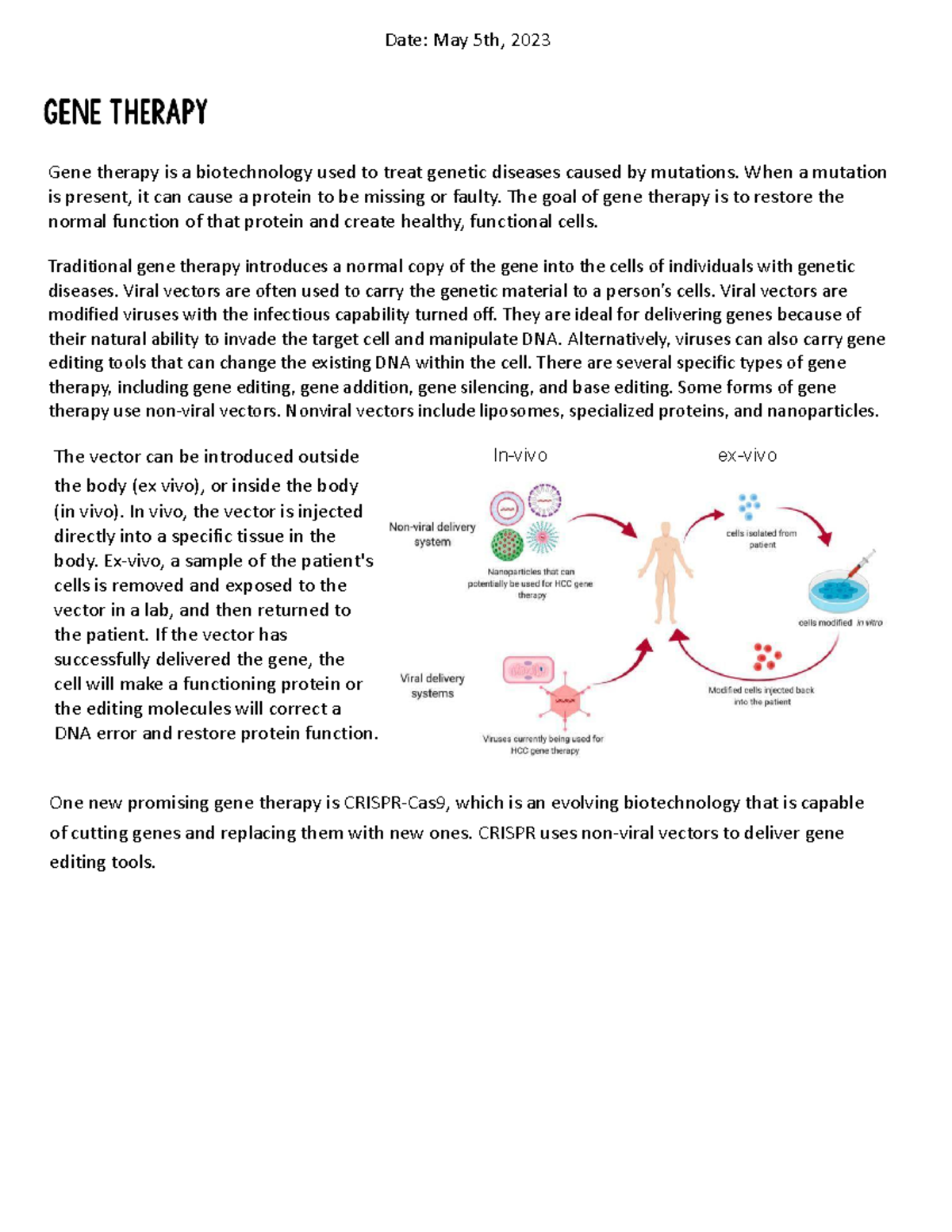 Gene Therapy - useful notes - Date: May 5th, 2023 Gene therapy is a ...