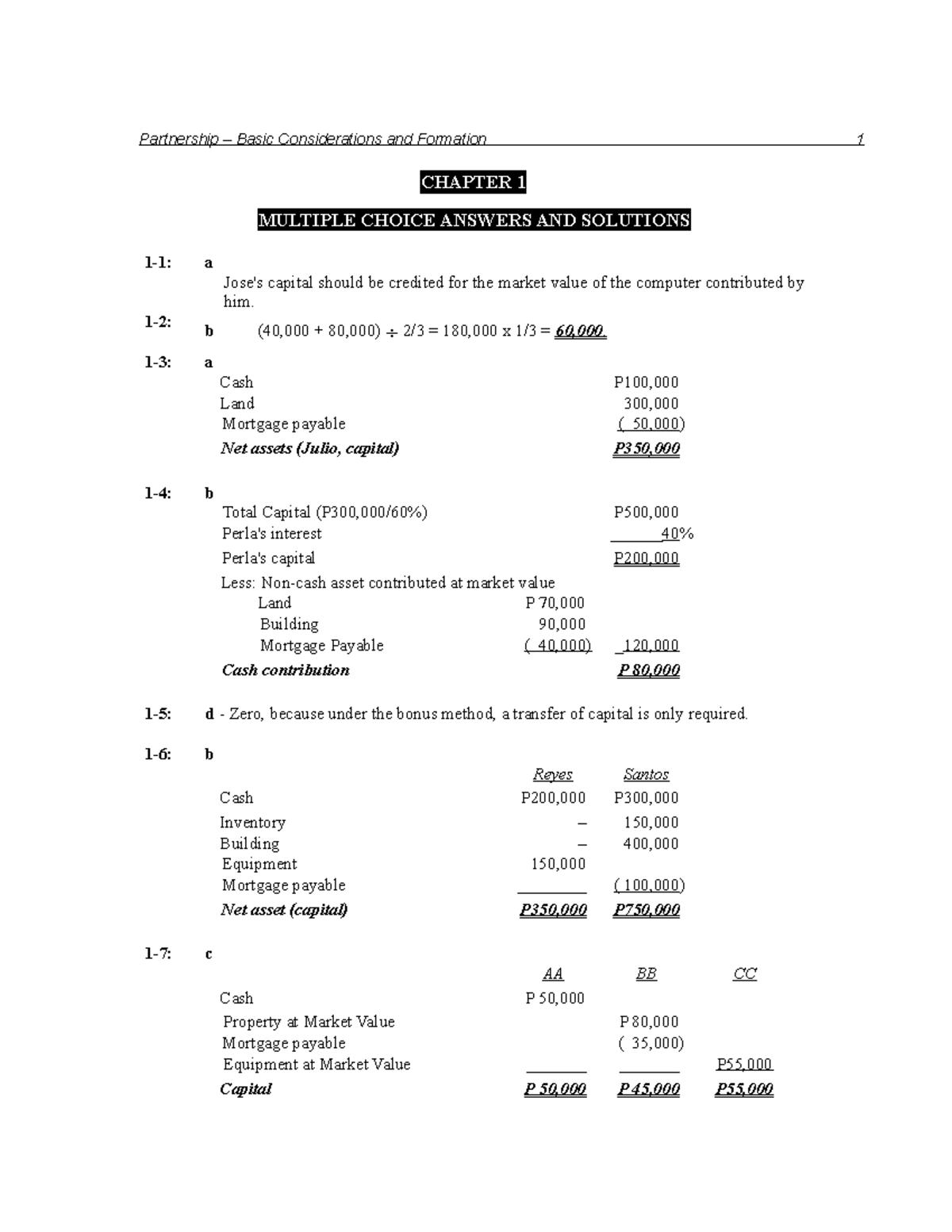Advanced Acctg VOL 1 - Partnership Basic Considerations and Formation 1 ...