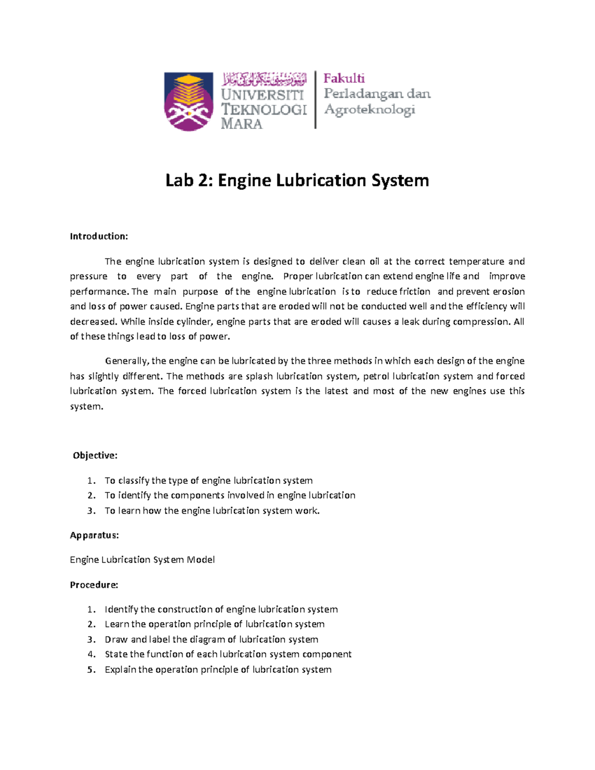 Lab 2 Lubrication System Lab 2 Engine Lubrication System Introduction The engine
