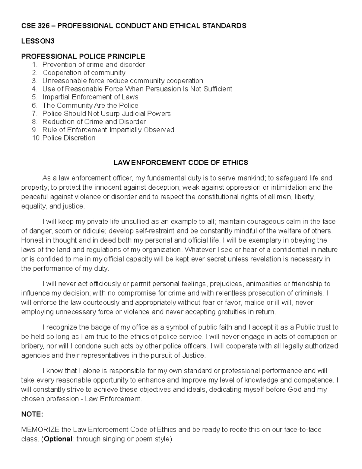 Lesson 3 - PCES - CSE 326 – PROFESSIONAL CONDUCT AND ETHICAL STANDARDS ...
