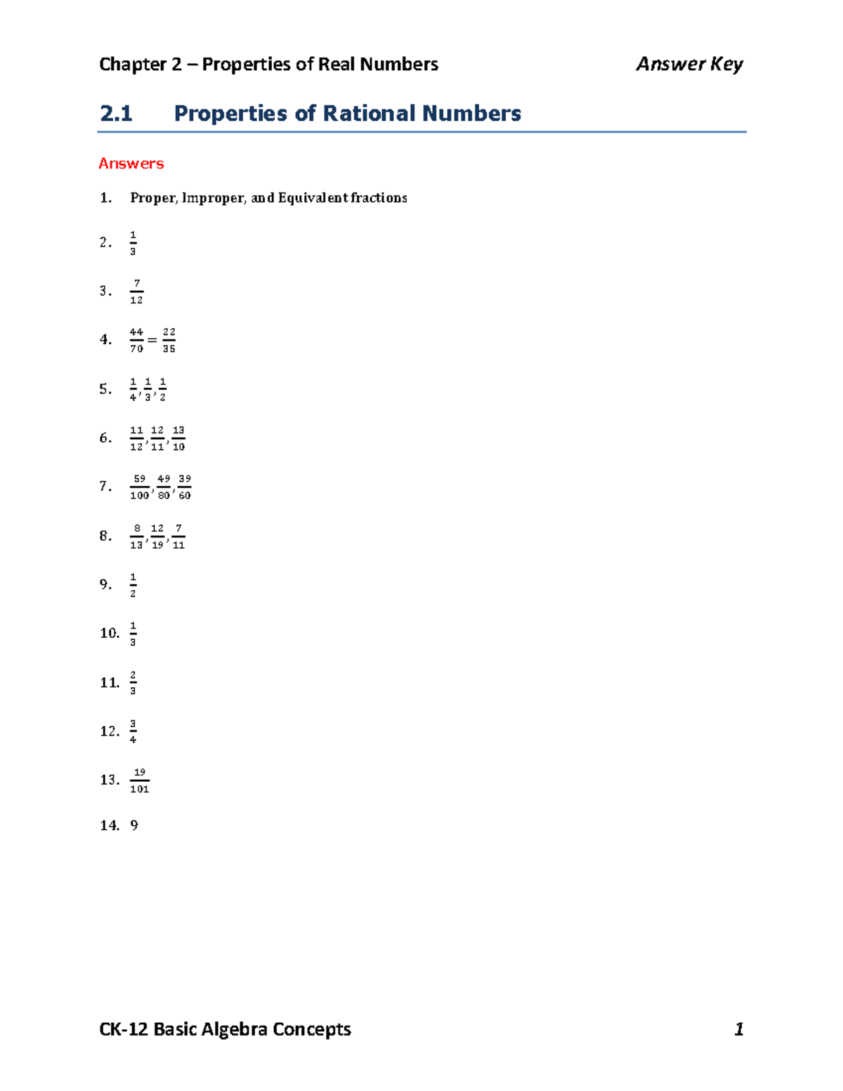 Answer Key CK-12 Chapter 02 Basic Algebra Concepts - 2 Properties of Rational Numbers Answers 1 ...