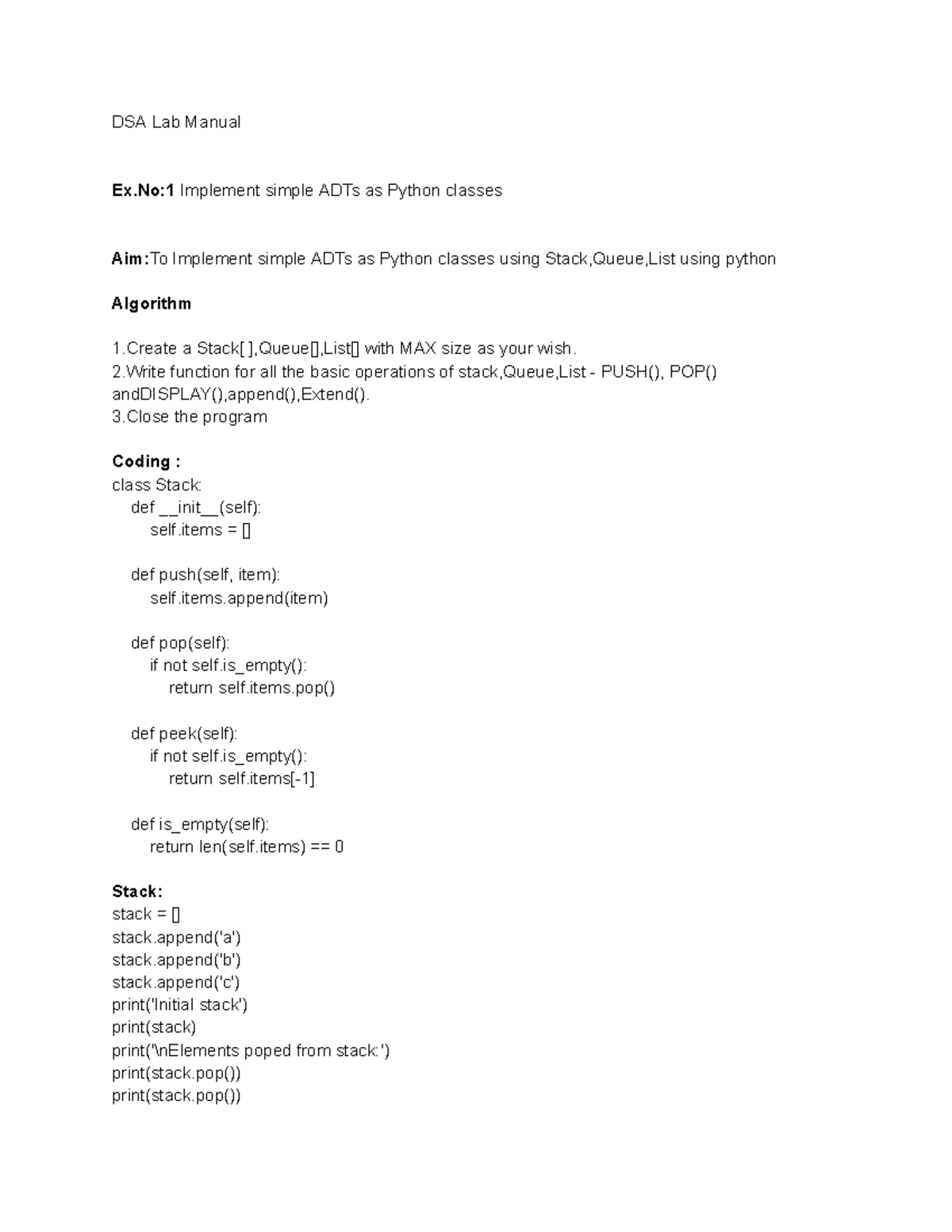 DAS Lab Manual-ex1 - lab ex - DSA Lab Manual Ex:1 Implement simple ADTs ...