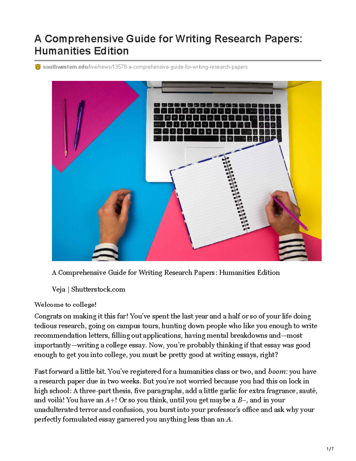 A Comprehensive Guide for Writing Research Papers Humanities Edition